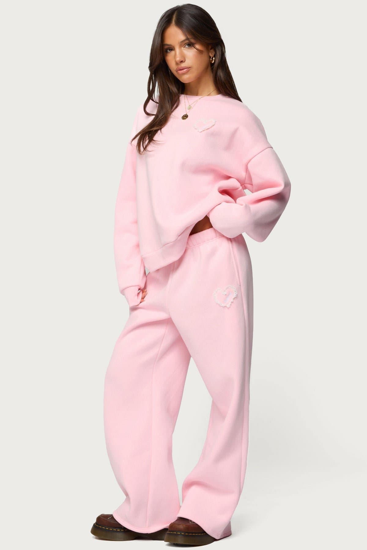 Love Edikted Wide Leg Sweatpants with Lace Heart Patch