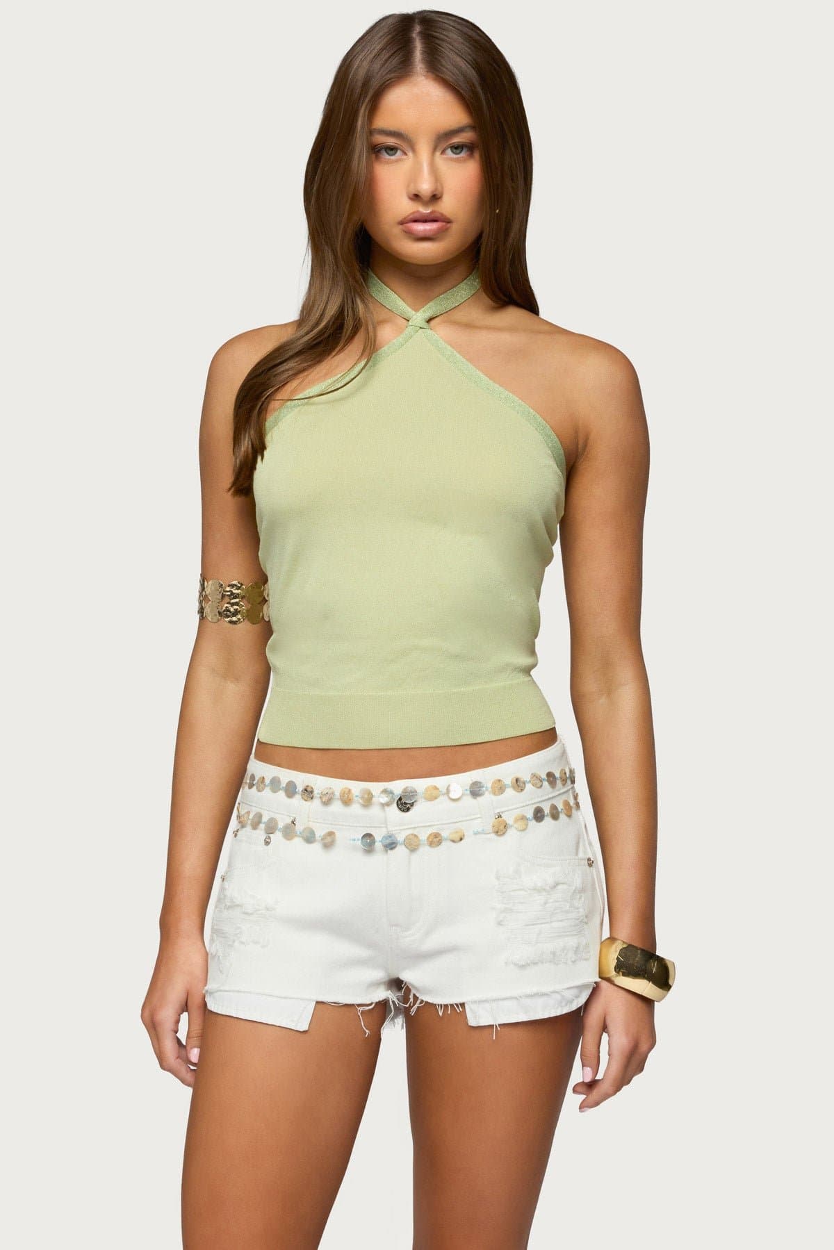 Paradiso Knit Halter Top - Polyester Rayon Metallic Fibers Neck Tie Closure