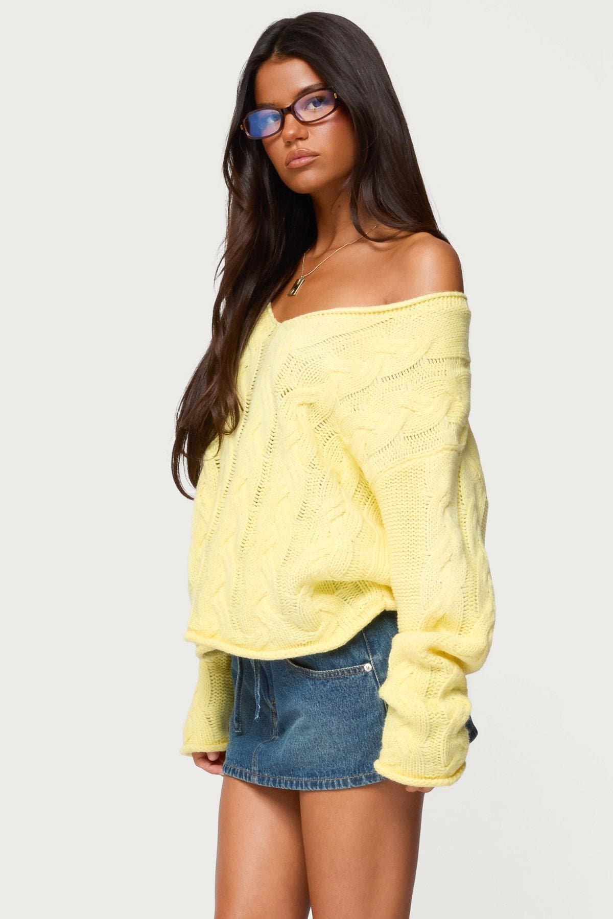 Inga Oversized Cable Knit Sweater - Acrylic Deep V Neck