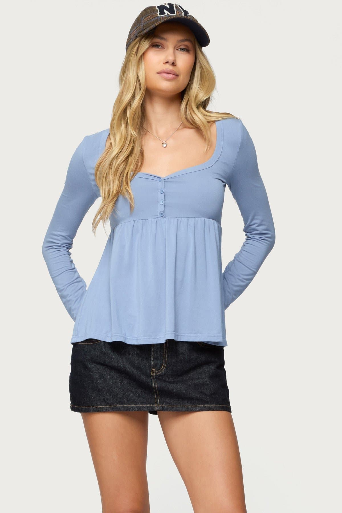 Lilla Henley Babydoll Top - Long Sleeve Rayon Spandex Button Detail