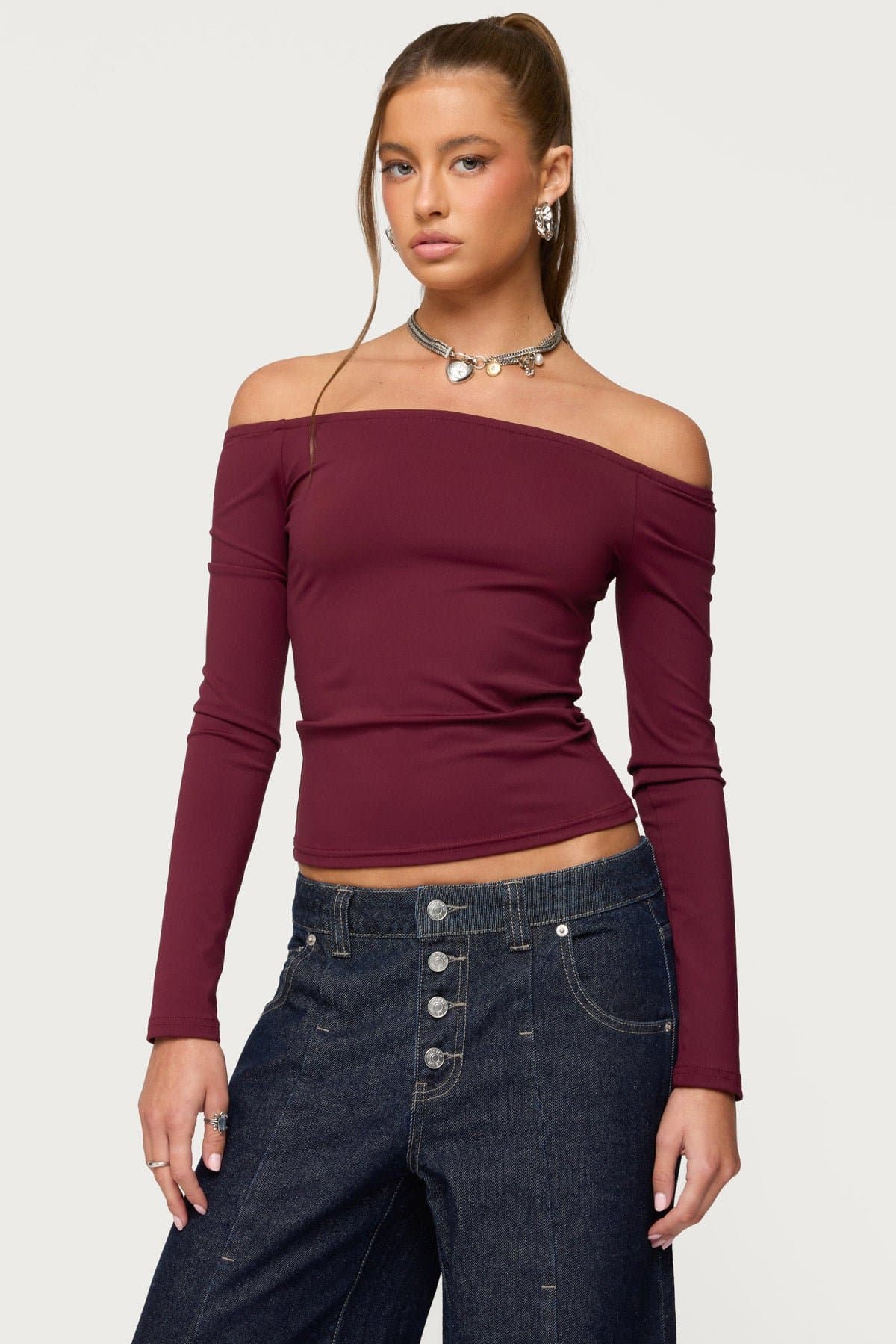 Katie Off Shoulder Long Sleeve Top - Polyester Spandex