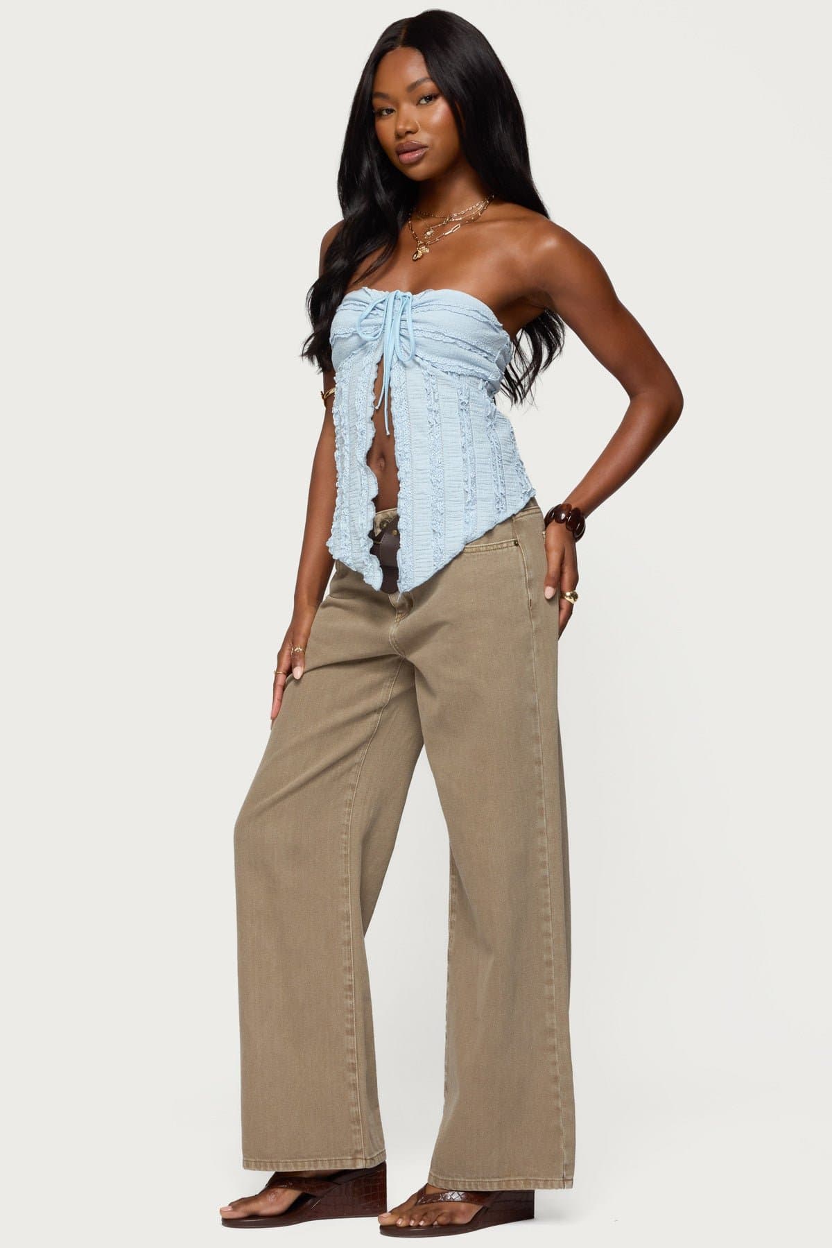 Textured Ruffle Split Front Strapless Top - Nylon Spandex Asymmetric Hem