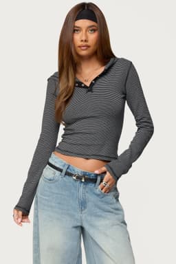 Damson Striped Hooded Henley Top - Long Sleeve Cotton Polyester Spandex Blend