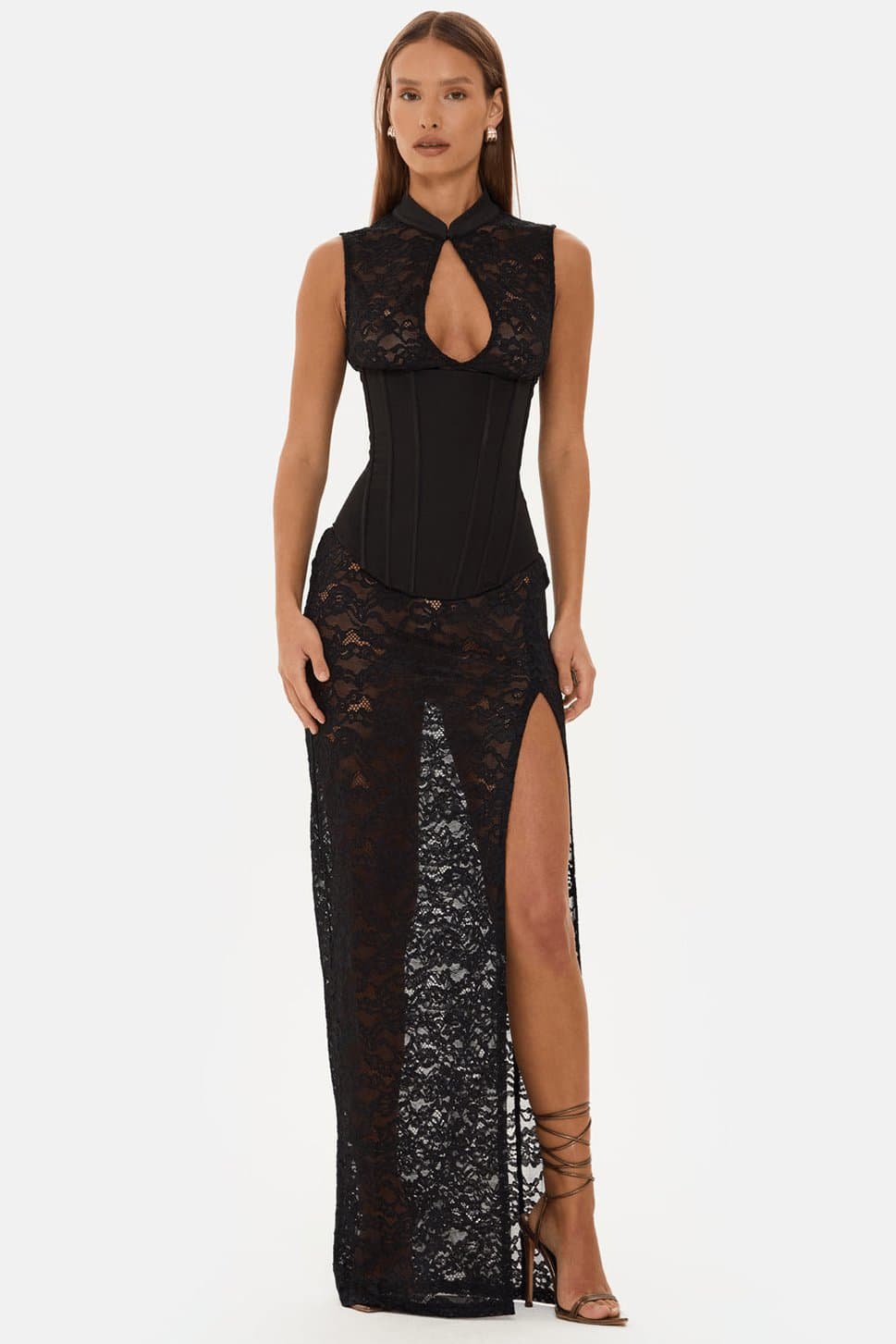 Sedona Sleeveless Lace Maxi Dress High Neck Keyhole Corset Boning High Split