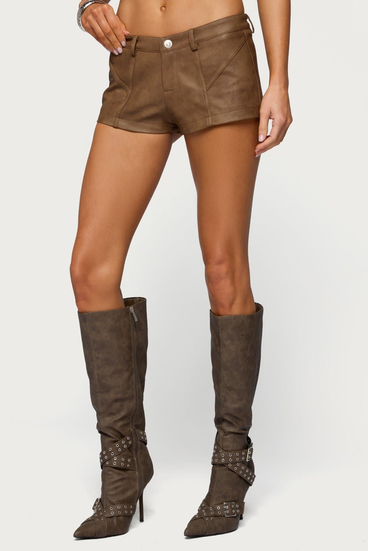 Idara Faux Leather Micro Shorts - Polyurethane Polyester Matching Set Size S Inseam 1.8"