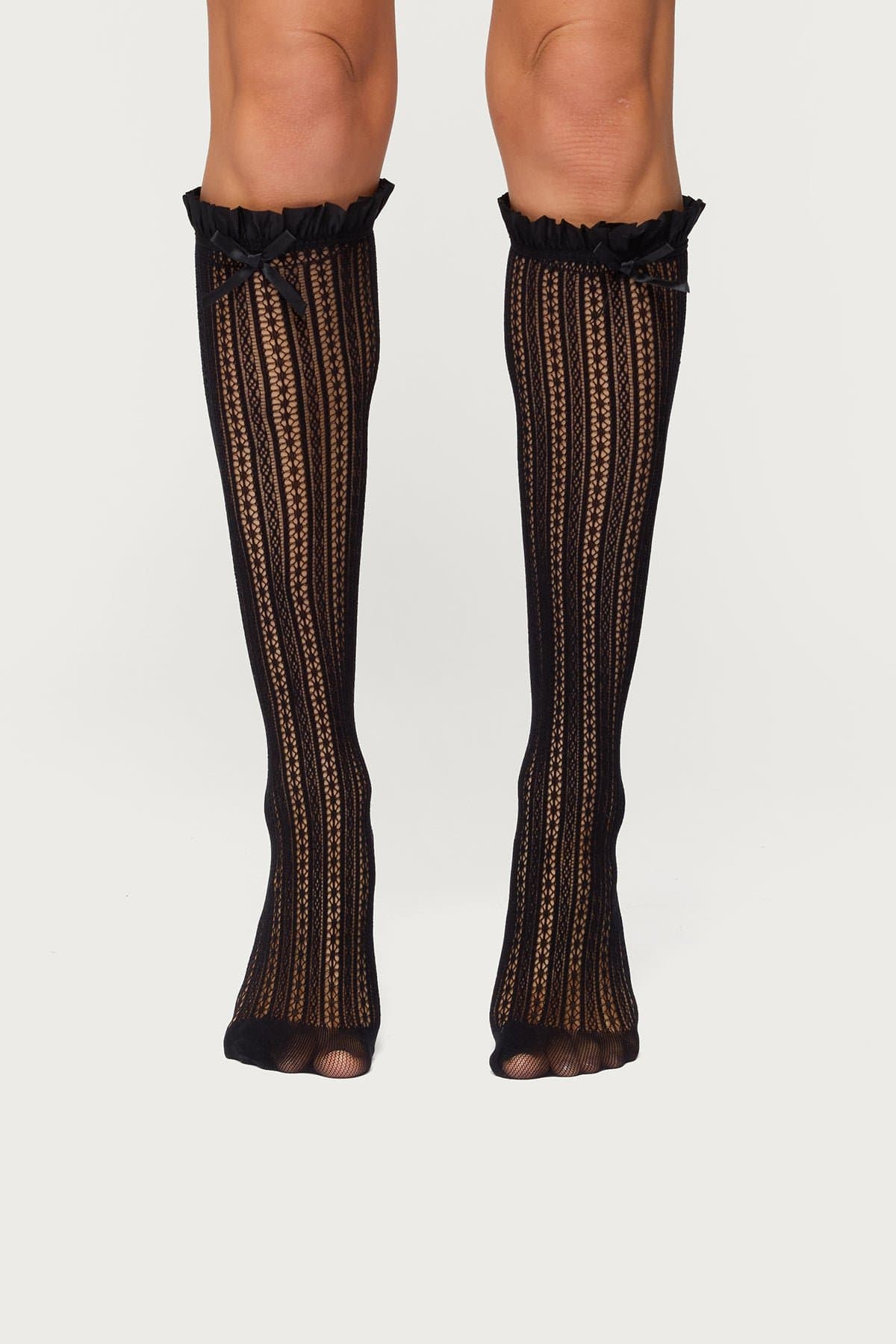 Sheer Lace Socks with Bow Detail - Nylon Spandex, 14.2 Inch Length