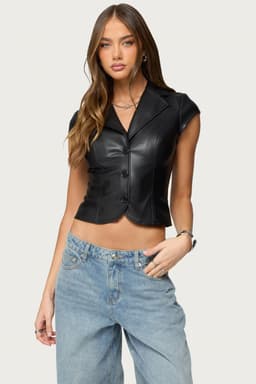 Faux Leather Tailored Button Up Top with Classic Collar