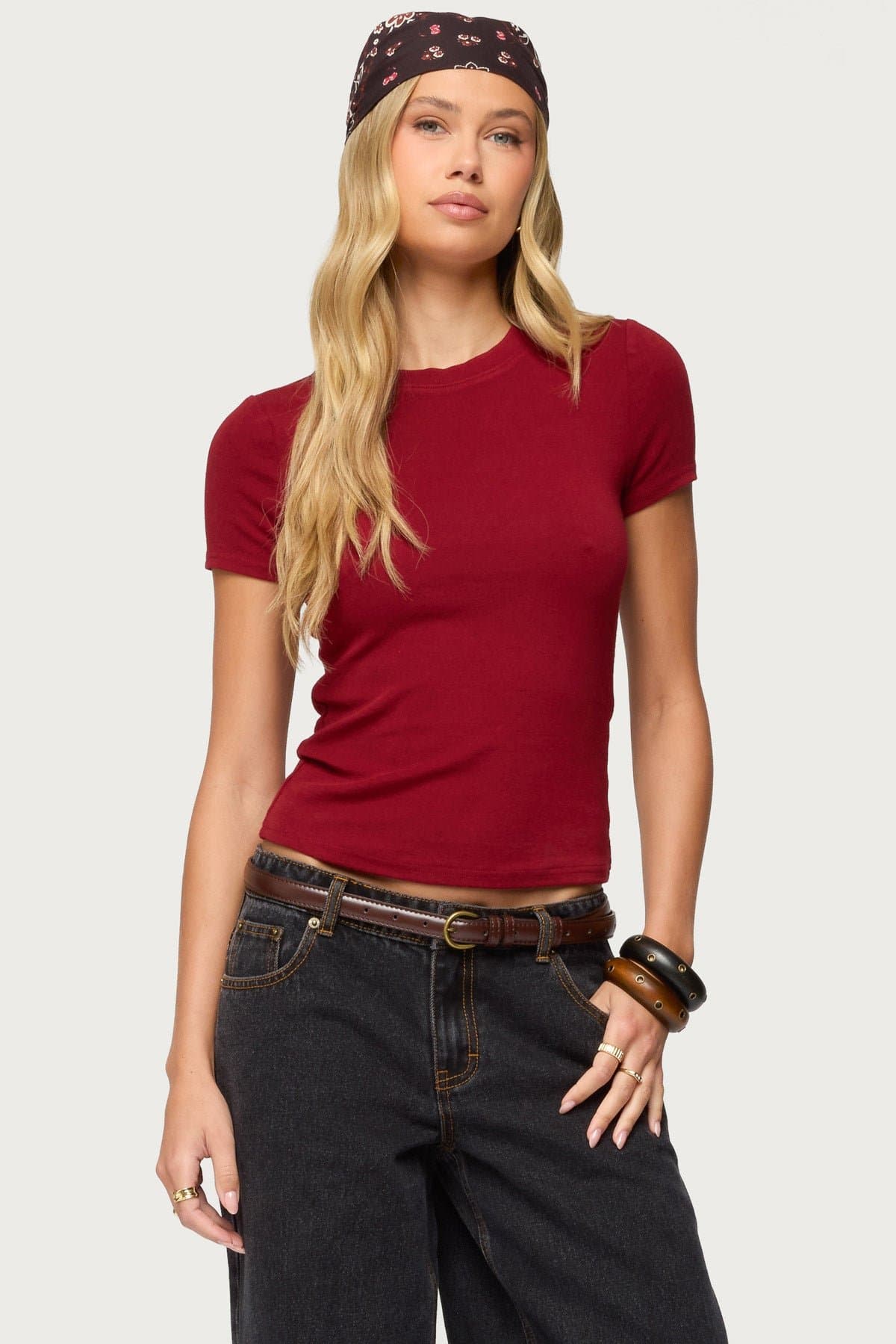 Daphney Ribbed Fitted T-Shirt - Rayon Spandex Women's Top