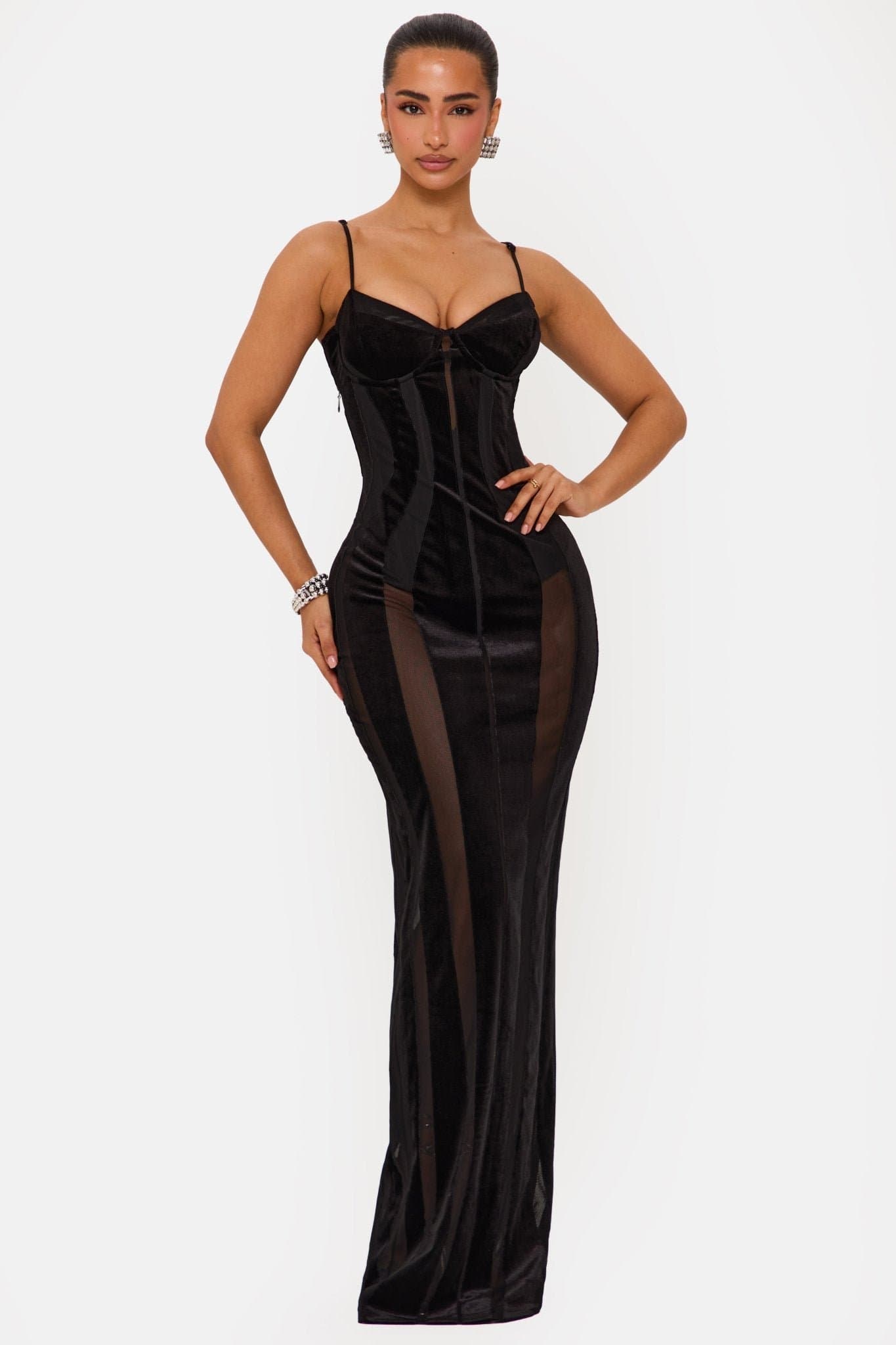 Scandal Velvet Panelled Maxi Dress with Internal Boned Corset