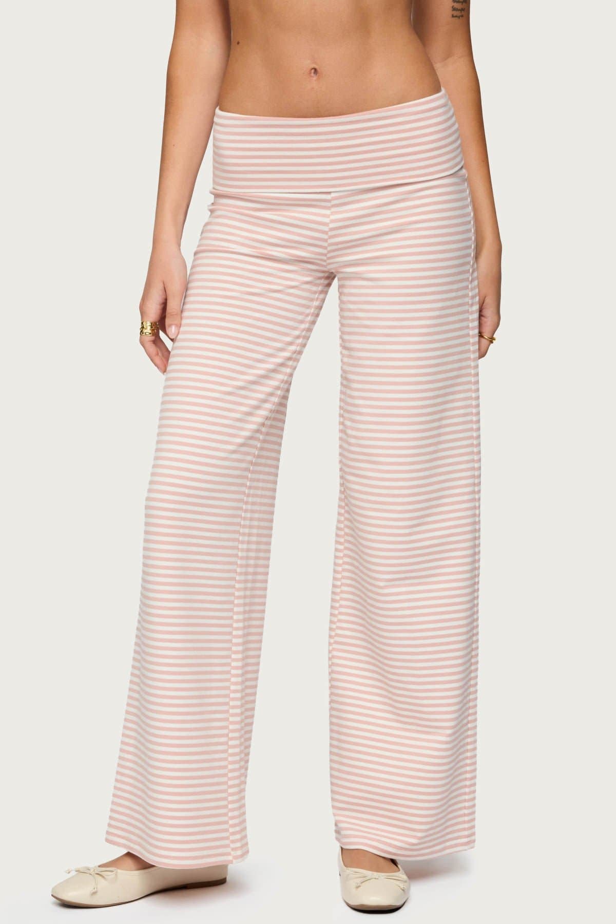 Lilah Striped Fold Over Wide Leg Pants - Cotton Polyester Spandex