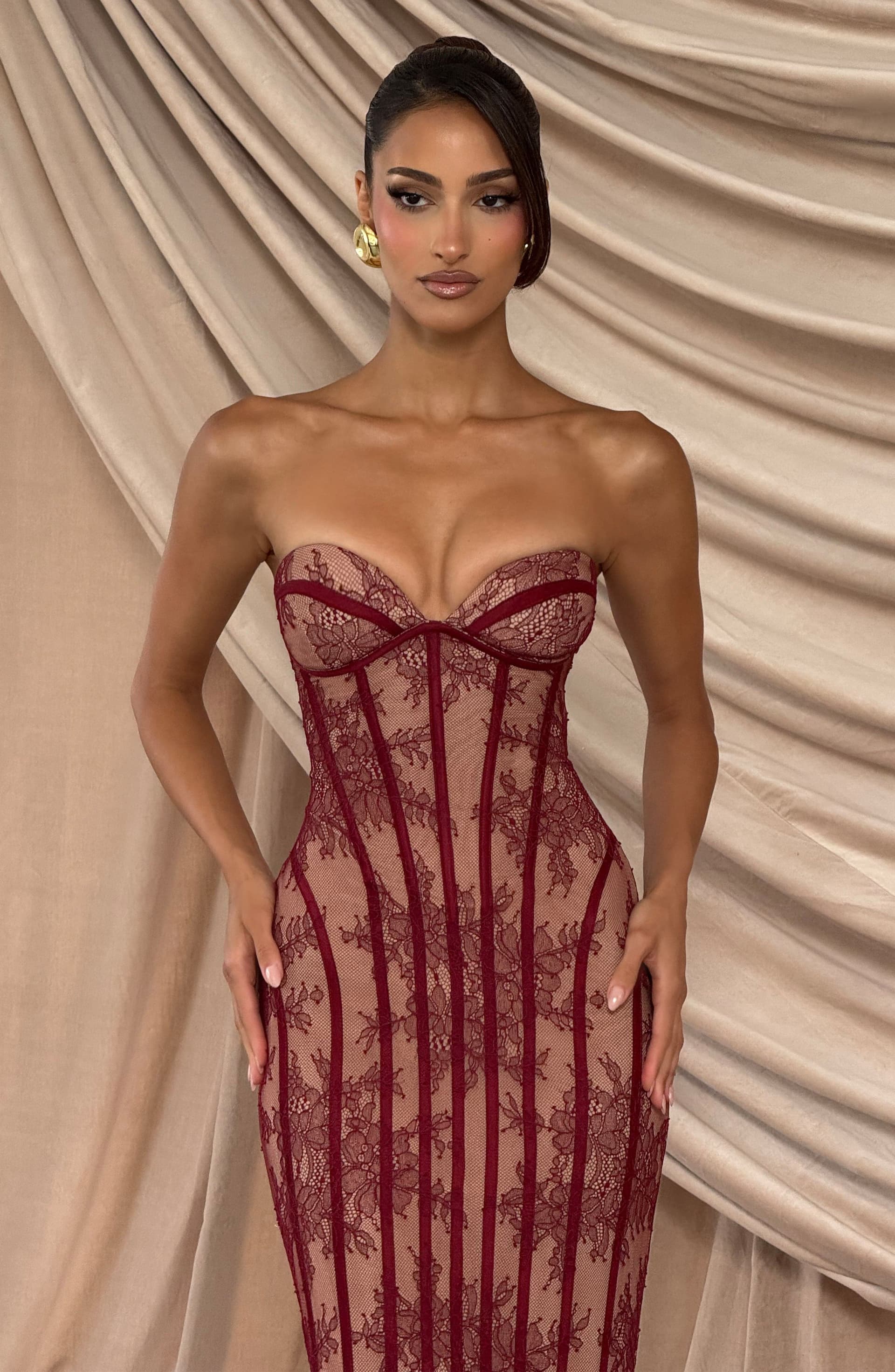 Sian Burgundy Floral Lace Strapless Maxi Dress with Underwire Cups