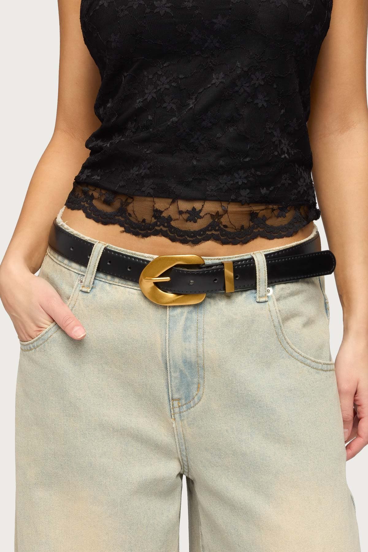 All Buckled Faux Leather Belt - Oversized Gold Tone Metal Buckle, 40.9 Inch Length