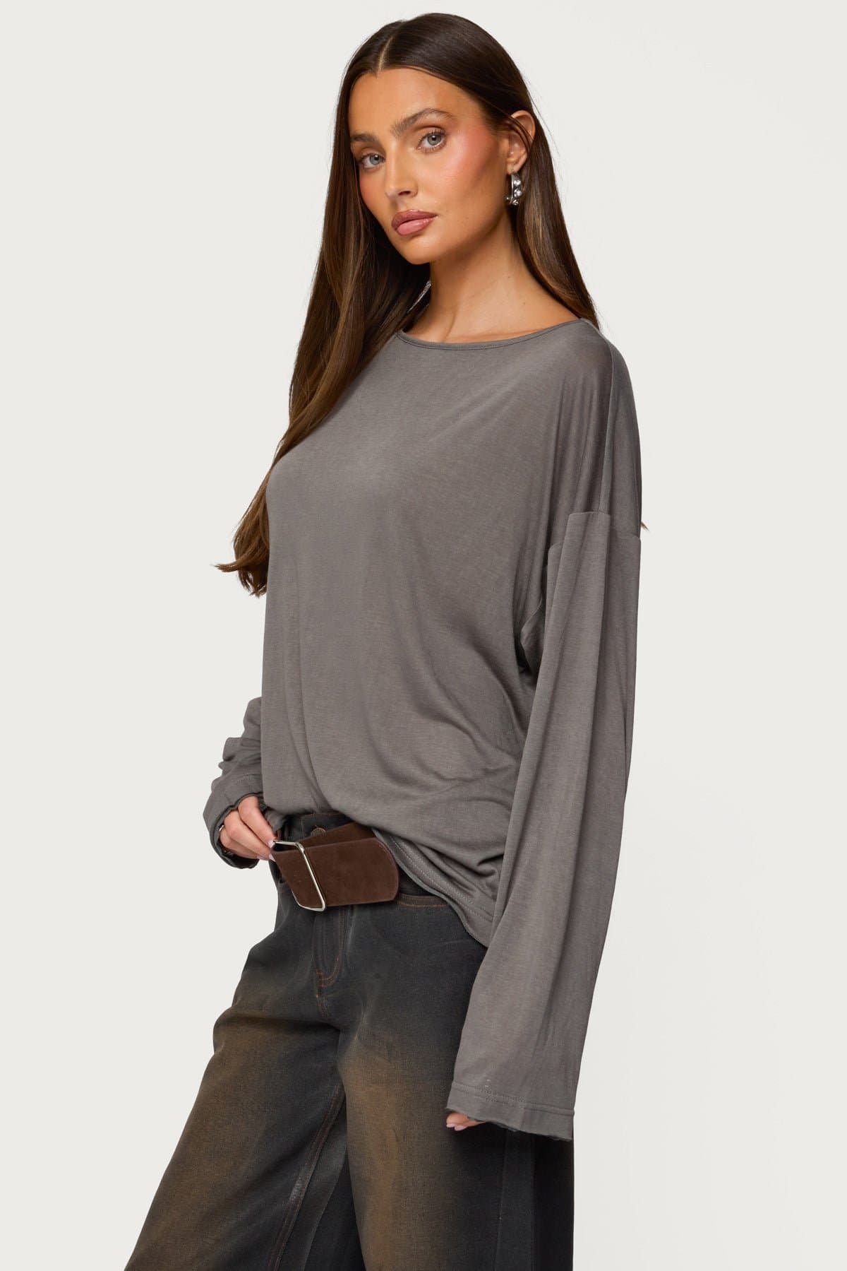 Oversized Semi Sheer Long Sleeve T-Shirt - Rayon Polyester Women's Top