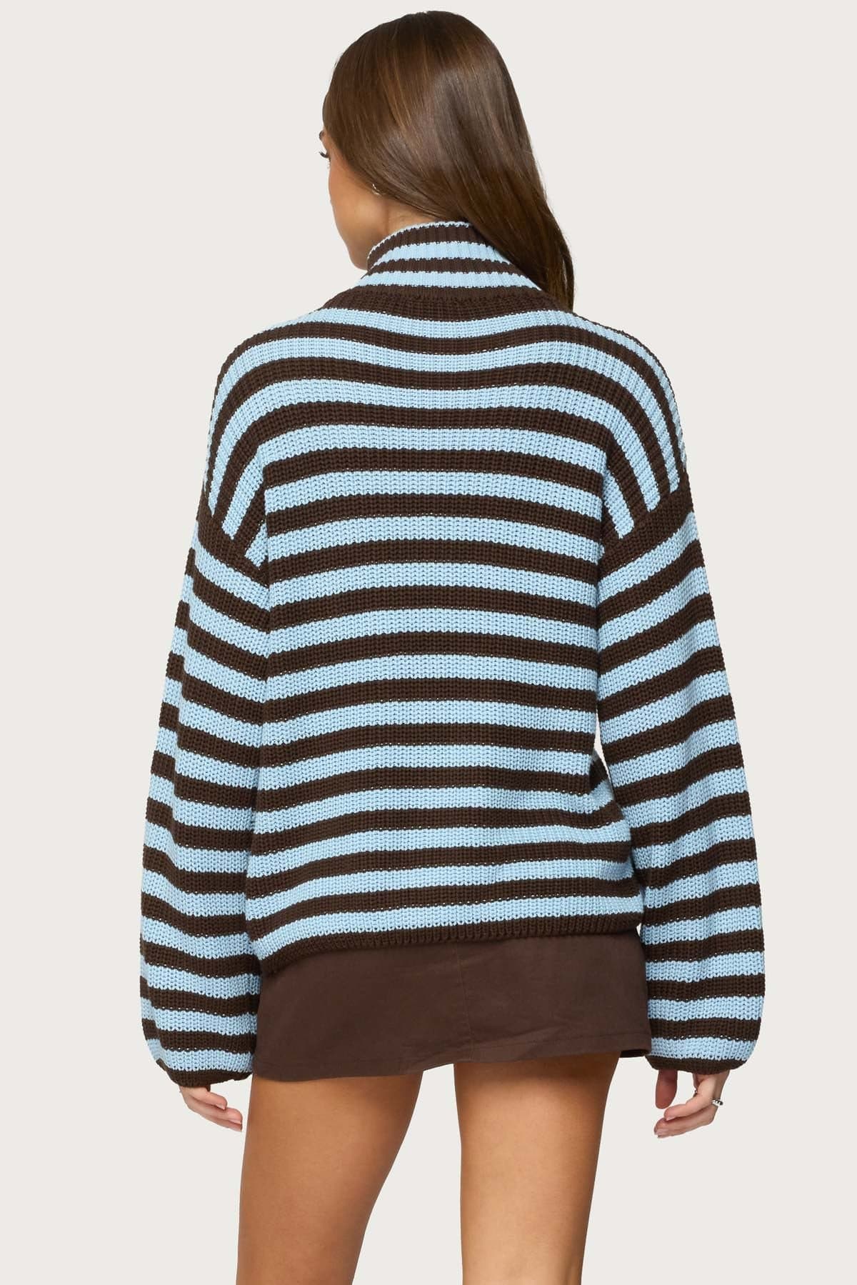 High Neck Striped Zip Up Cotton Knit Sweater