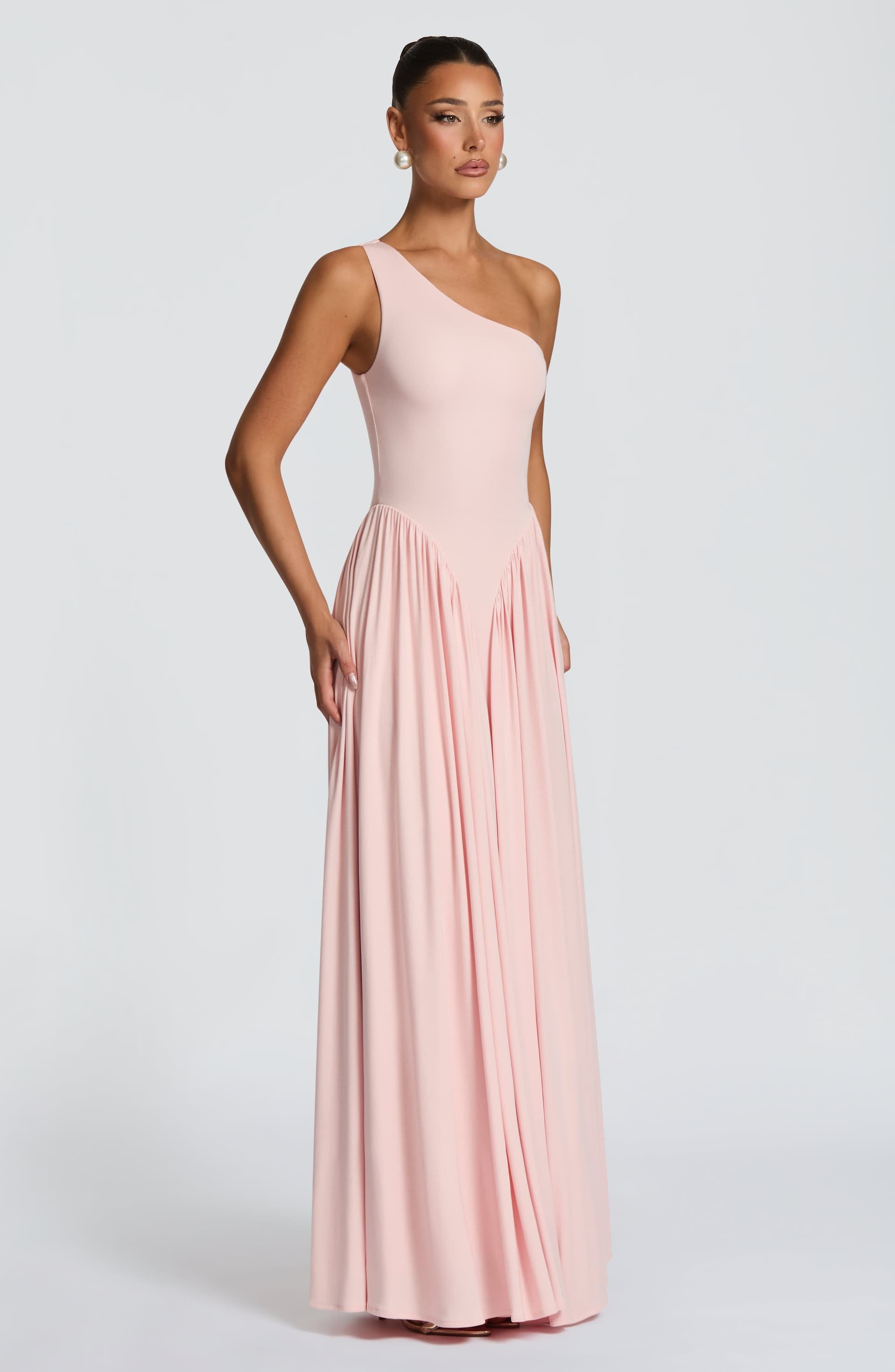 Vespera Maxi Dress in Soft Blush - One Shoulder Modal Jersey Gown