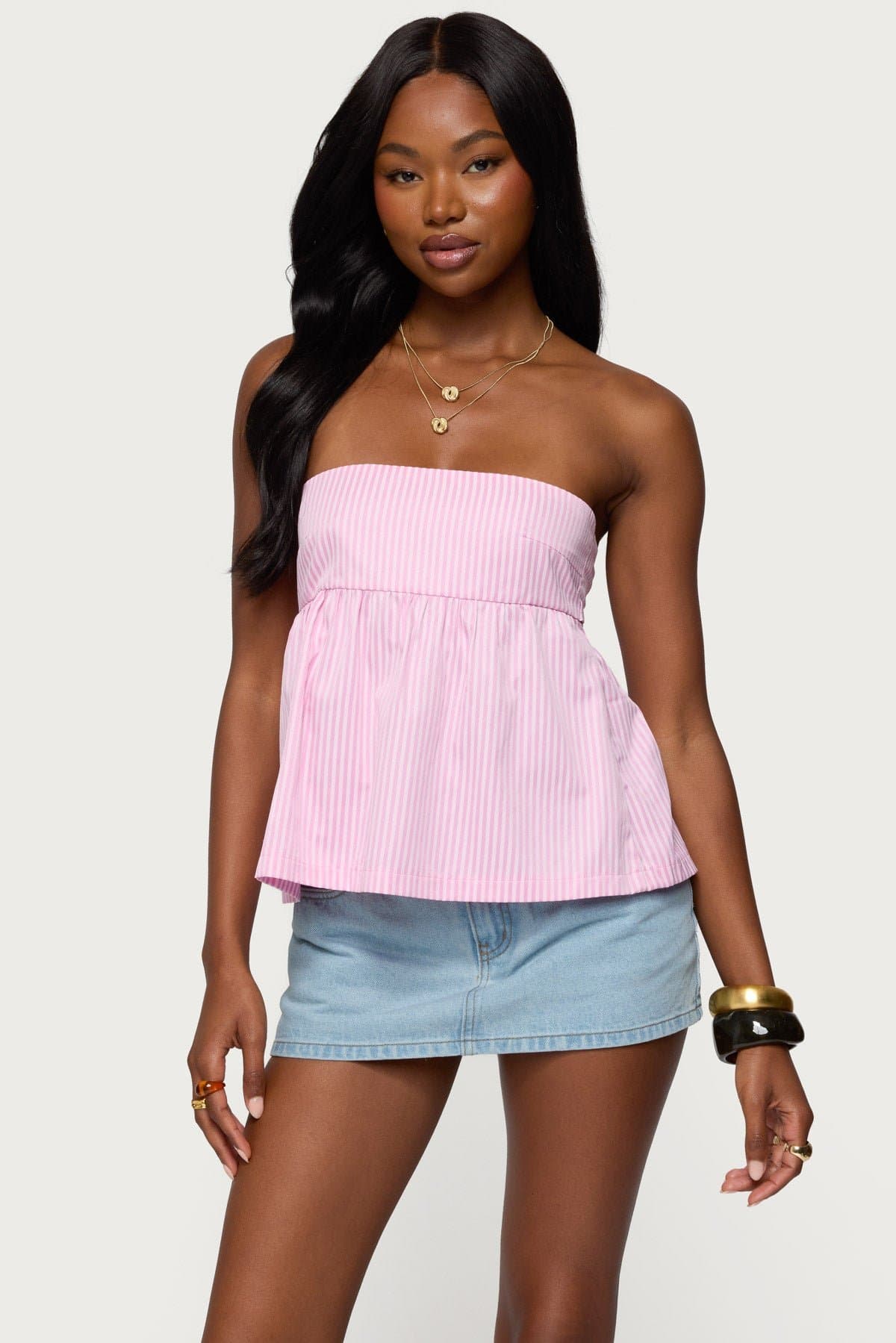 Maddie Strapless Striped Babydoll Top - Polyester with Back Tie Closure