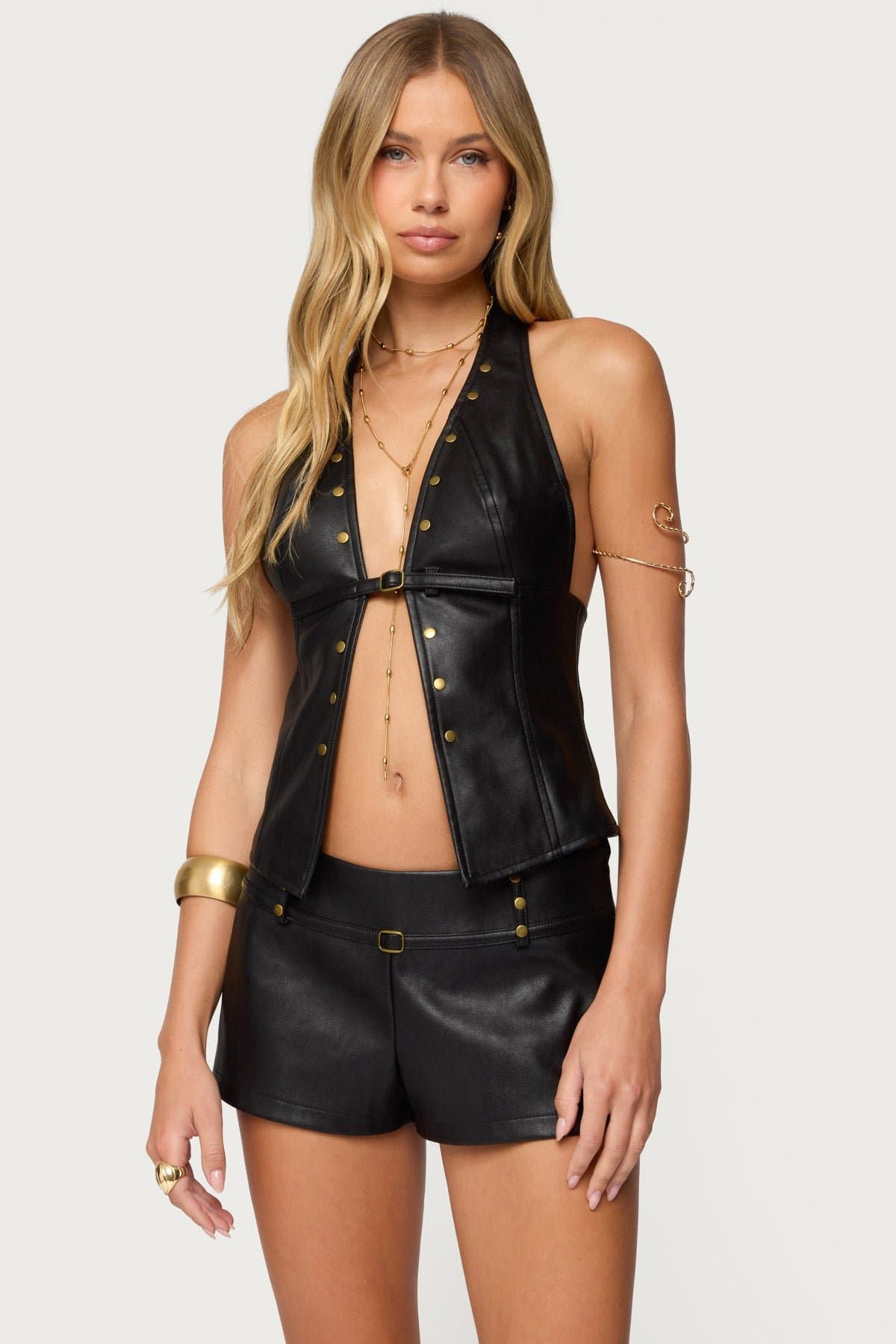 Reese Split Front Faux Leather Halter Top - Black