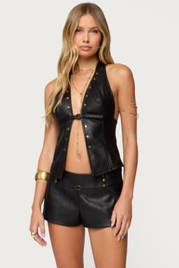 Reese Split Front Faux Leather Halter Top - Black