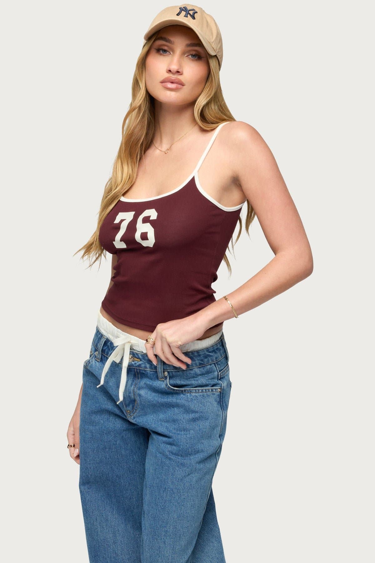 76 Contrast Tank Top with Adjustable Straps, Graphic Text, Cotton Spandex
