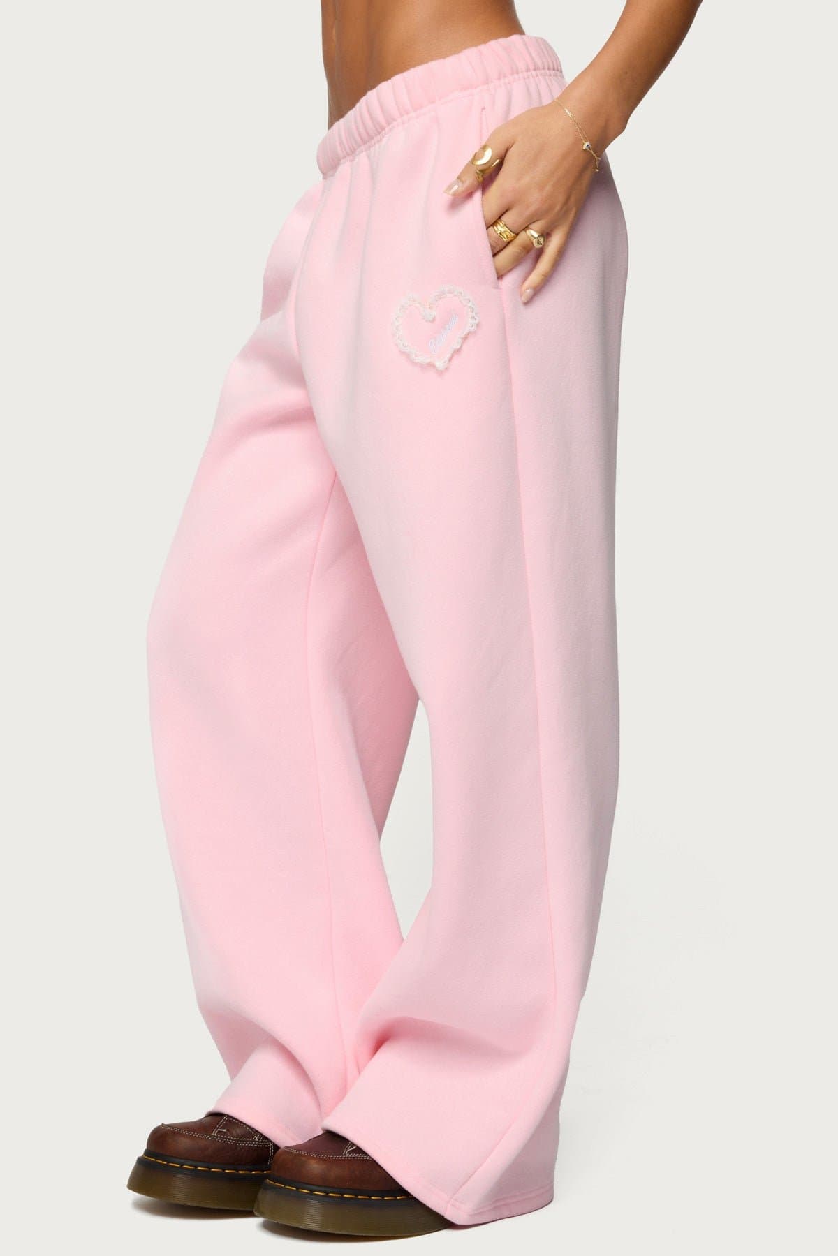 Love Edikted Wide Leg Sweatpants with Lace Heart Patch