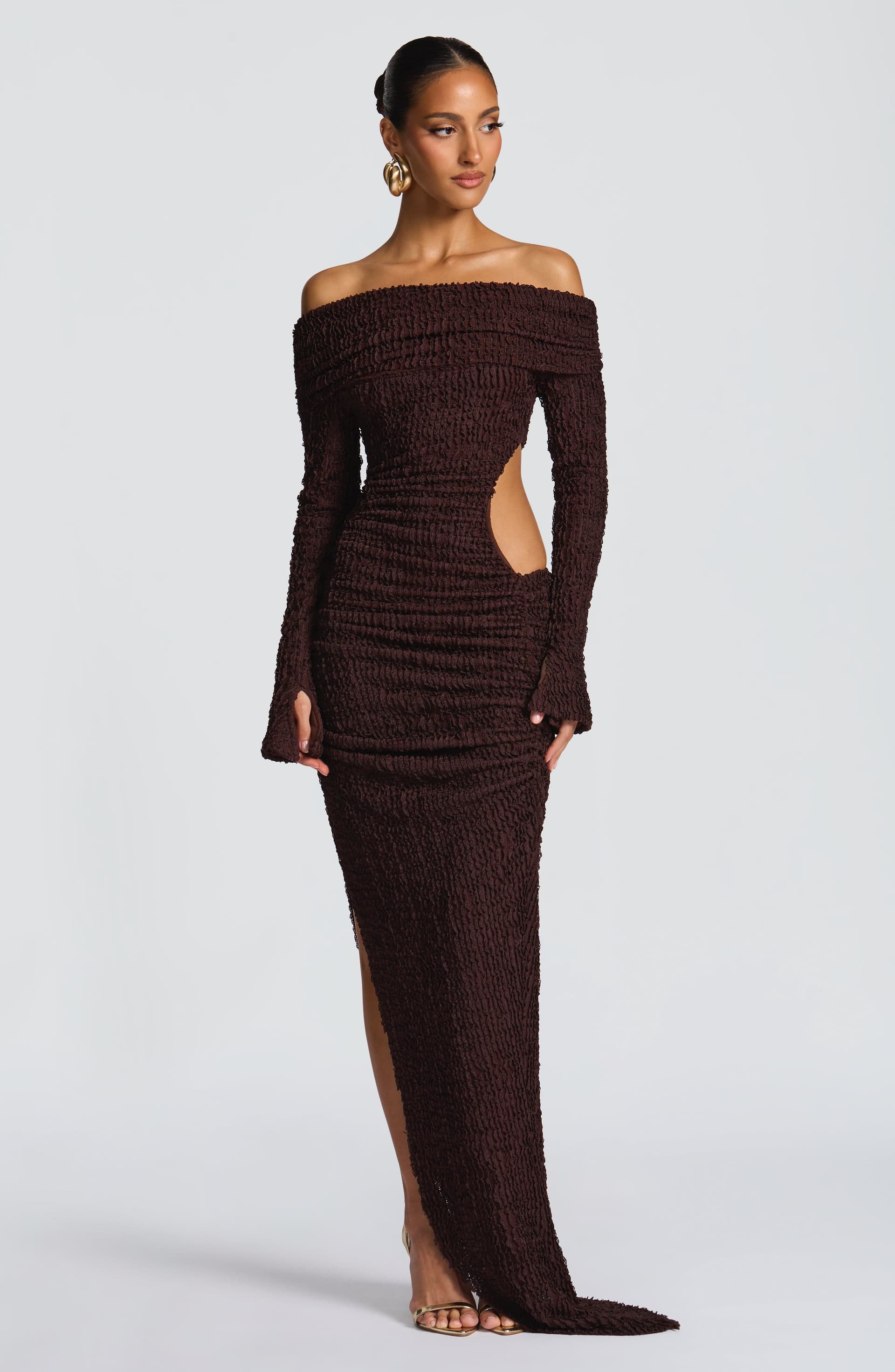 Adelphia Midi Dress Plum Brown Bardot Neckline Long Sleeve Asymmetric Skirt