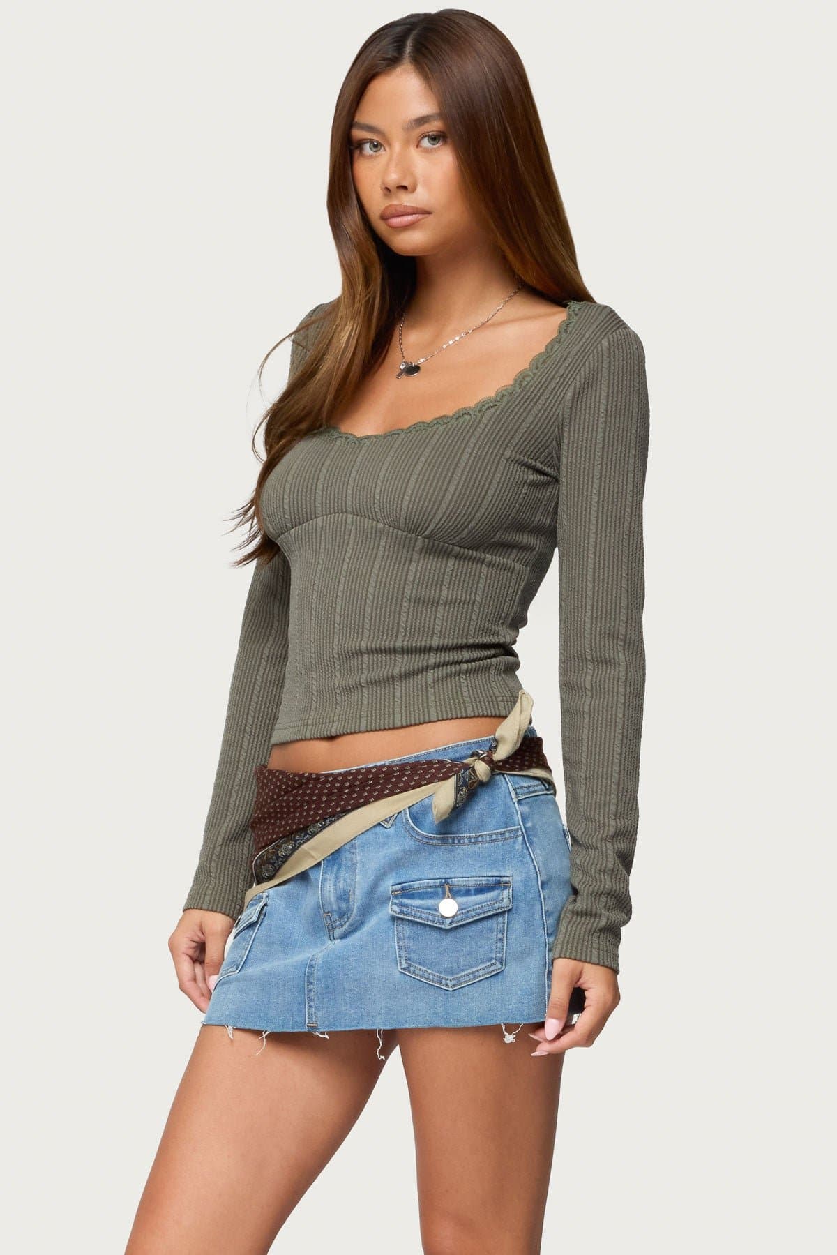 Beatrix Lacey Ribbed Long Sleeve Top - Polyester Spandex with Lace Trim