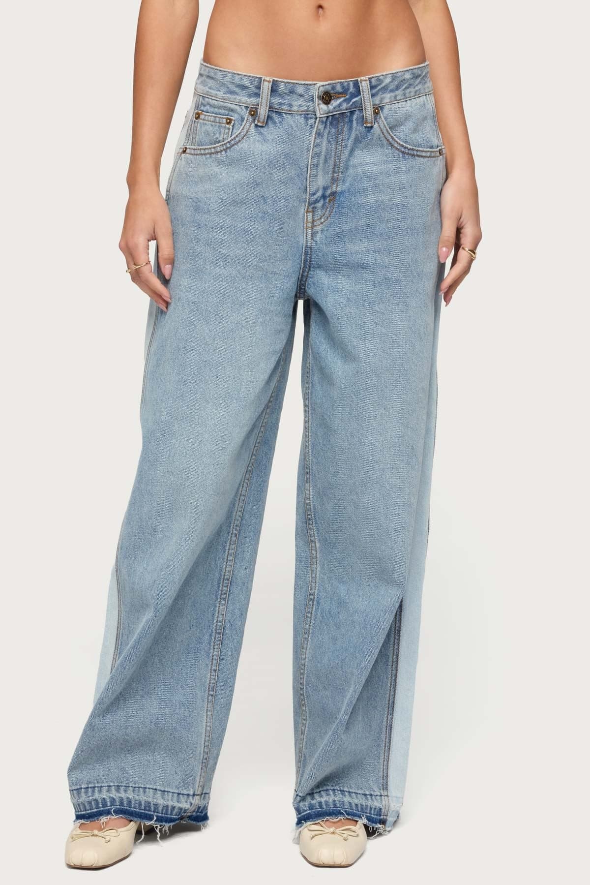 Cailin Contrast Panel Low Rise Baggy Jeans - 100% Cotton Rigid Denim