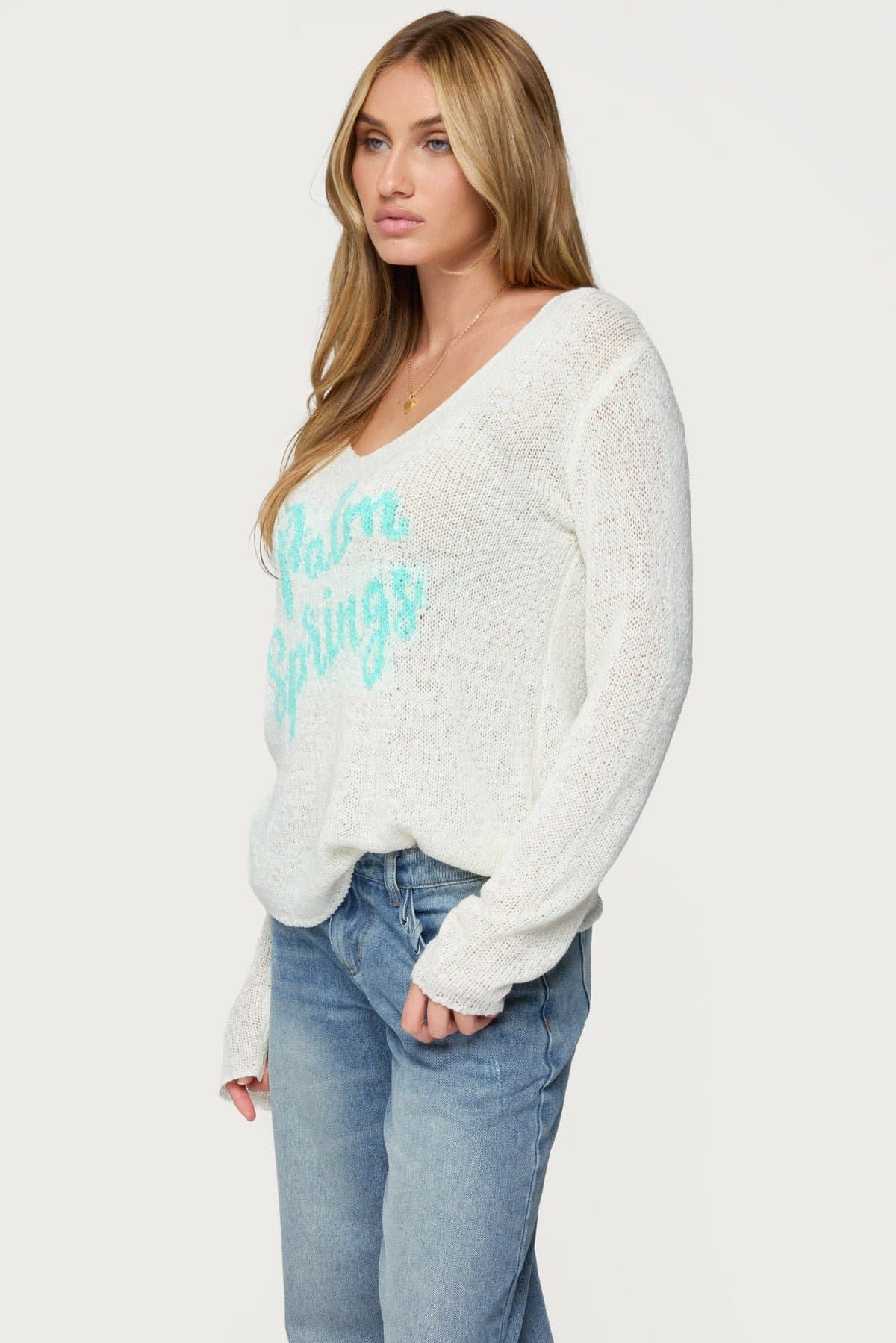 Palm Springs Light Knit V-Neck Sweater - Loose Fit Polyester Rayon Graphic Text