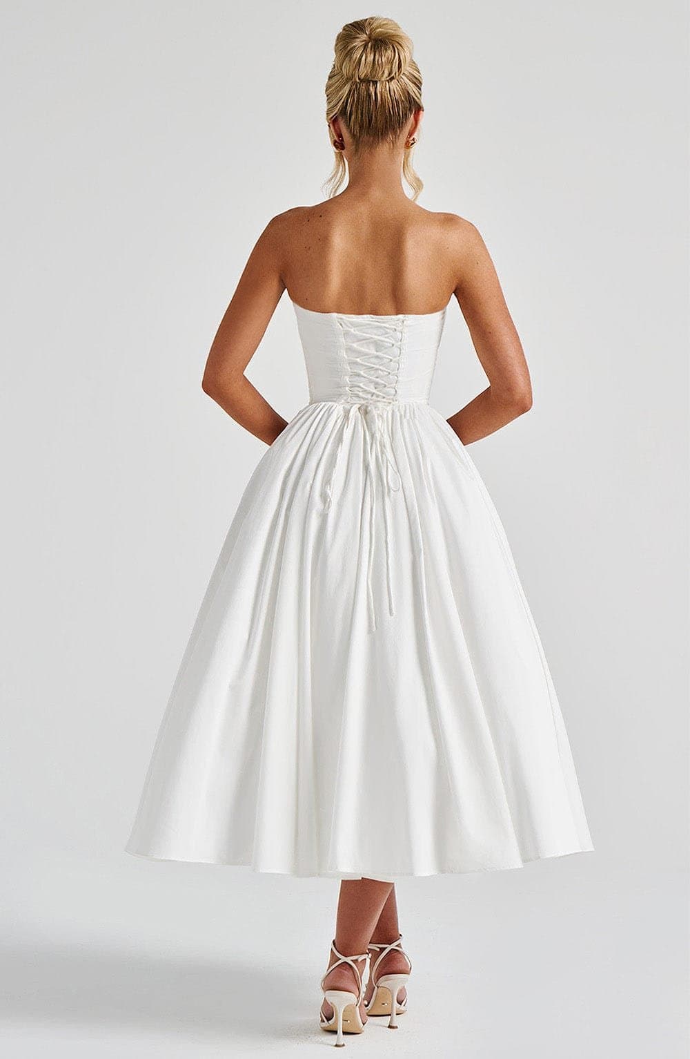 Prim Midi Dress Ivory Strapless Plunge Sweetheart Neckline Lace-Up Back Boned Corset