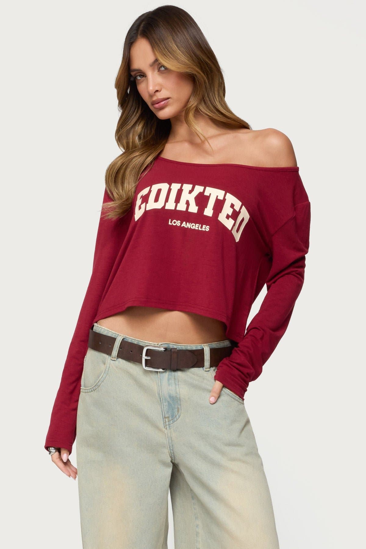 LA Babe Off Shoulder Long Sleeve Top - Cotton Spandex Edikted Graphic