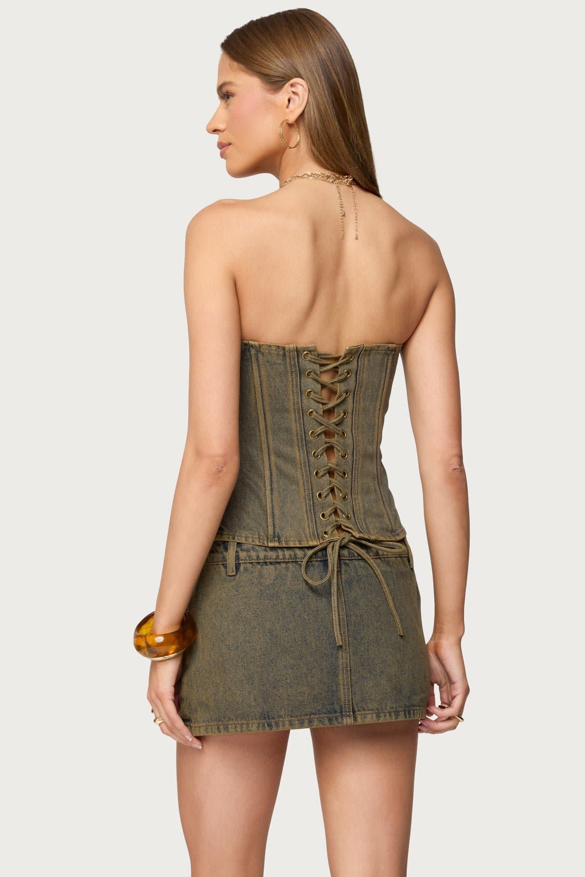 Camelia Strapless Denim Corset - 100% Cotton Lace-Up Back Matching Set