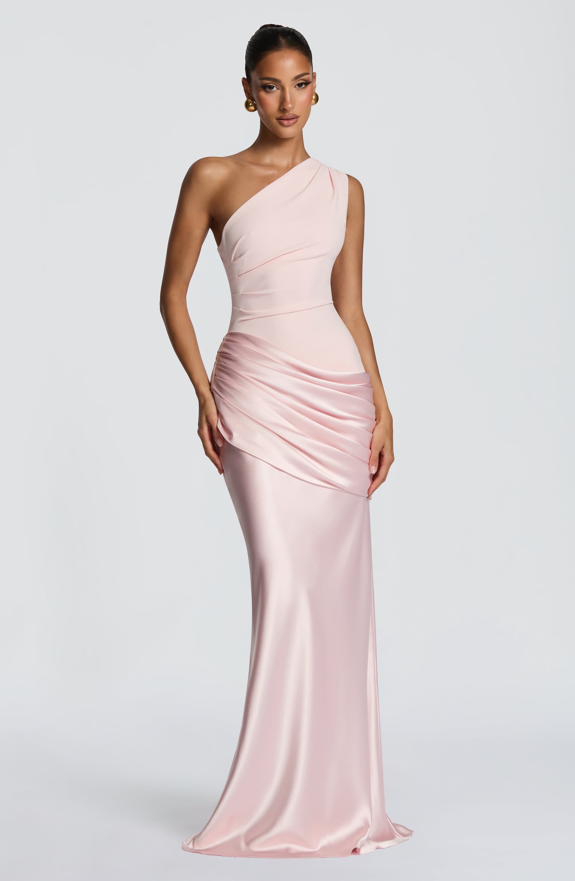 Sadona Maxi Dress - Blush One Shoulder Stretch Crepe Satin Asymmetric Pleats