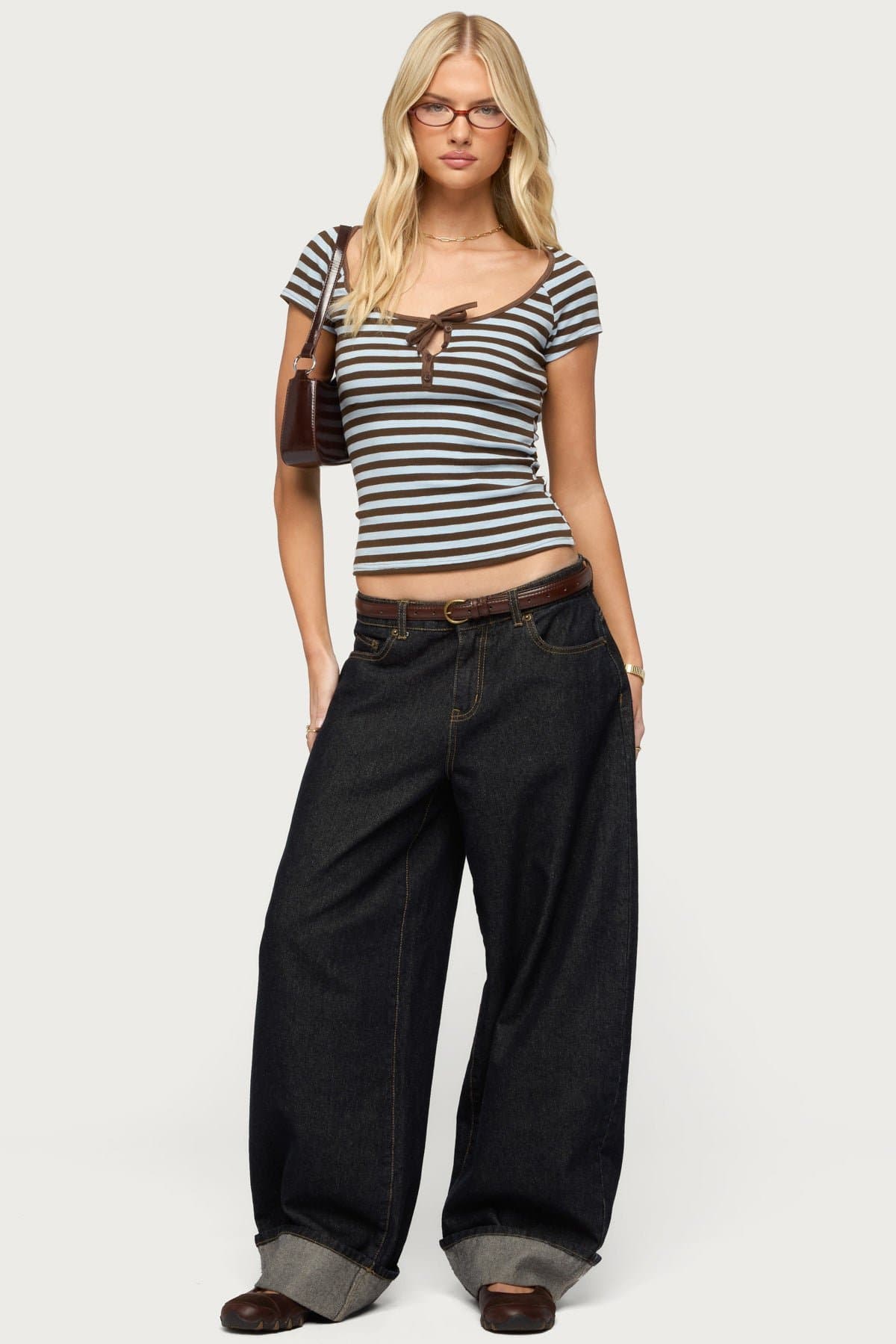 Emberly Striped Raglan Top - Cotton Spandex Scoop Neck Front Tie Button Detail