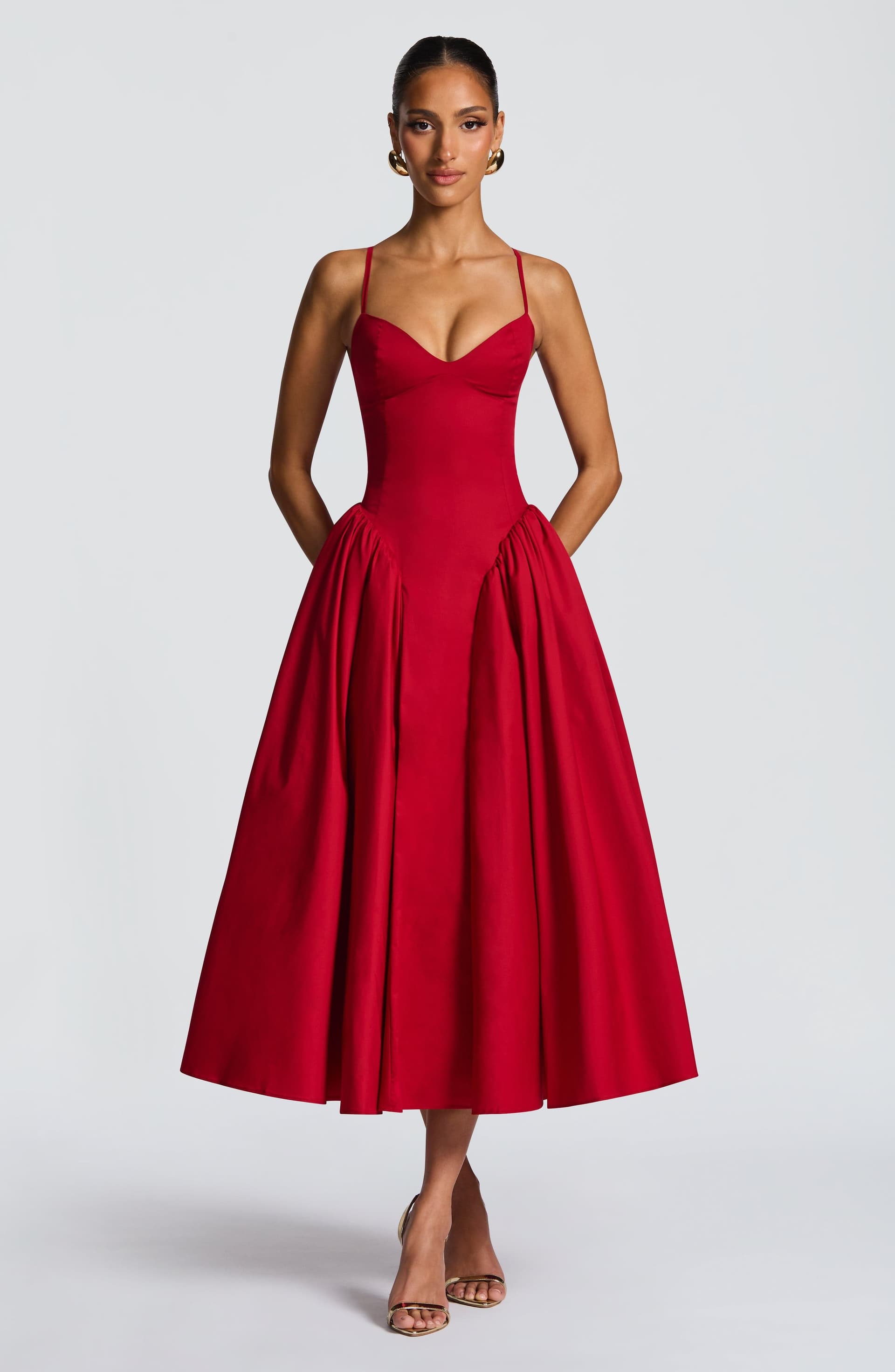Emerson Midi Dress Red Sweetheart Neckline Lace-Up Back Dropped Waist