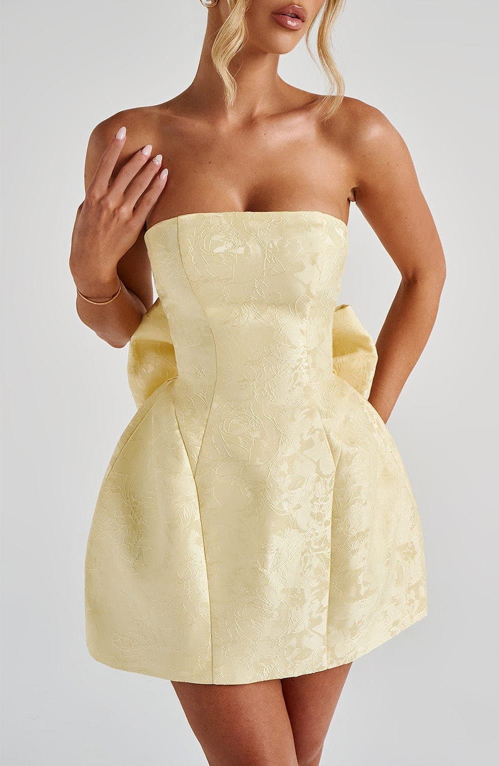 Elenora Mini Dress in Lemon - Strapless Floral Jacquard with Lace-Up Back