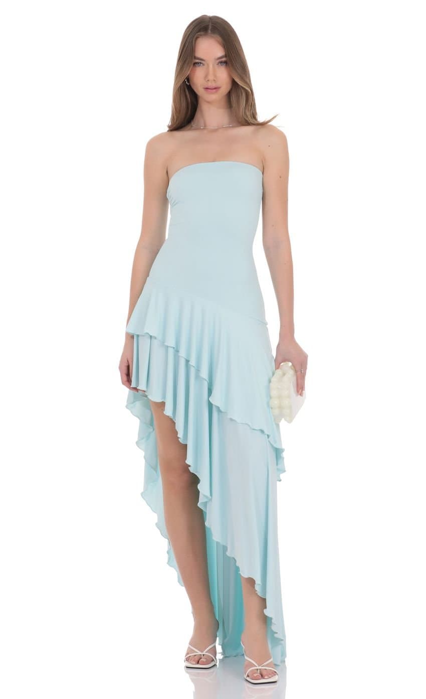 Strapless Ruffle Asymmetrical Maxi Dress in Mint