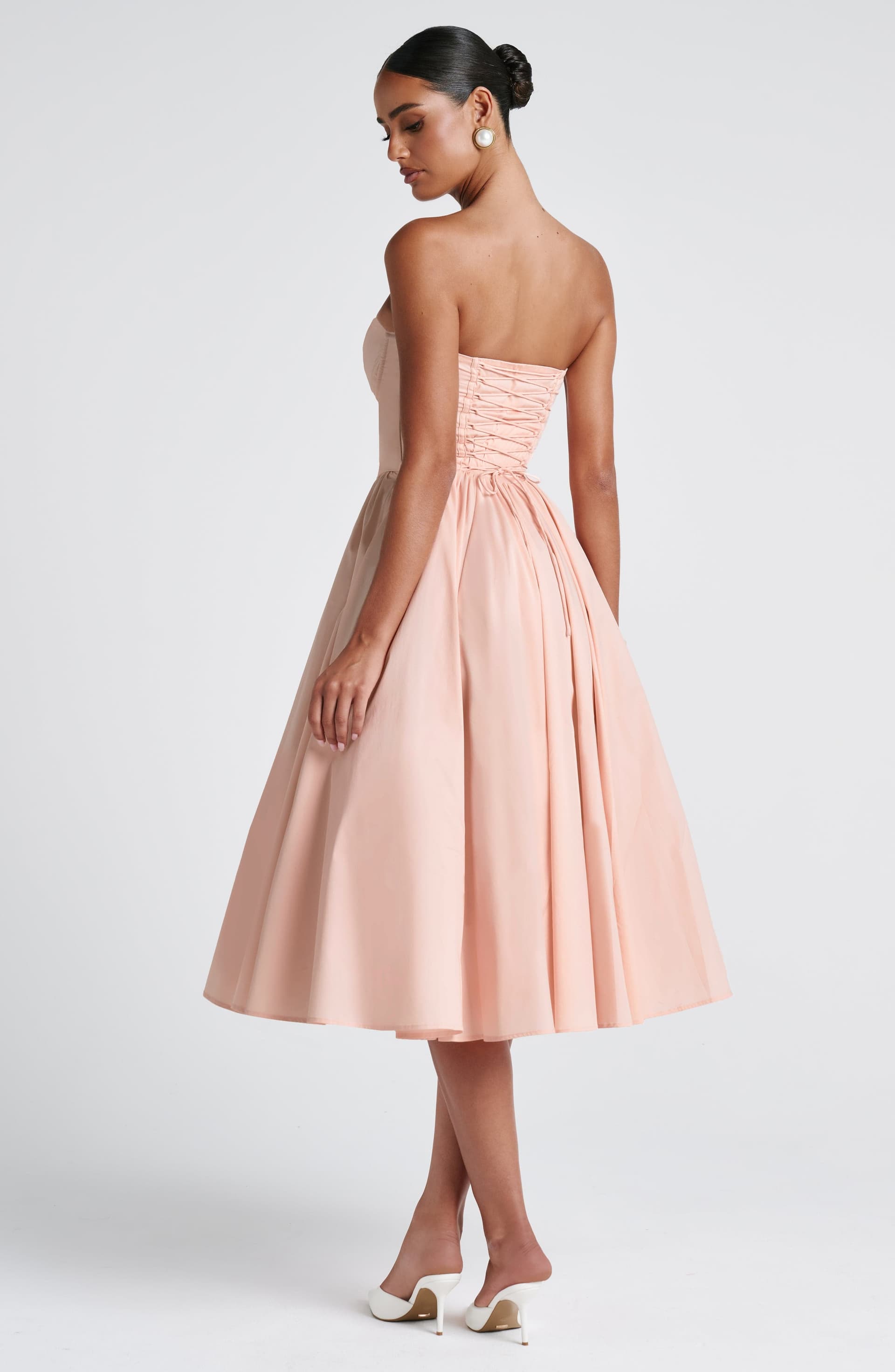 Prim Midi Dress Soft Peach Strapless Sweetheart Lace-Up Back
