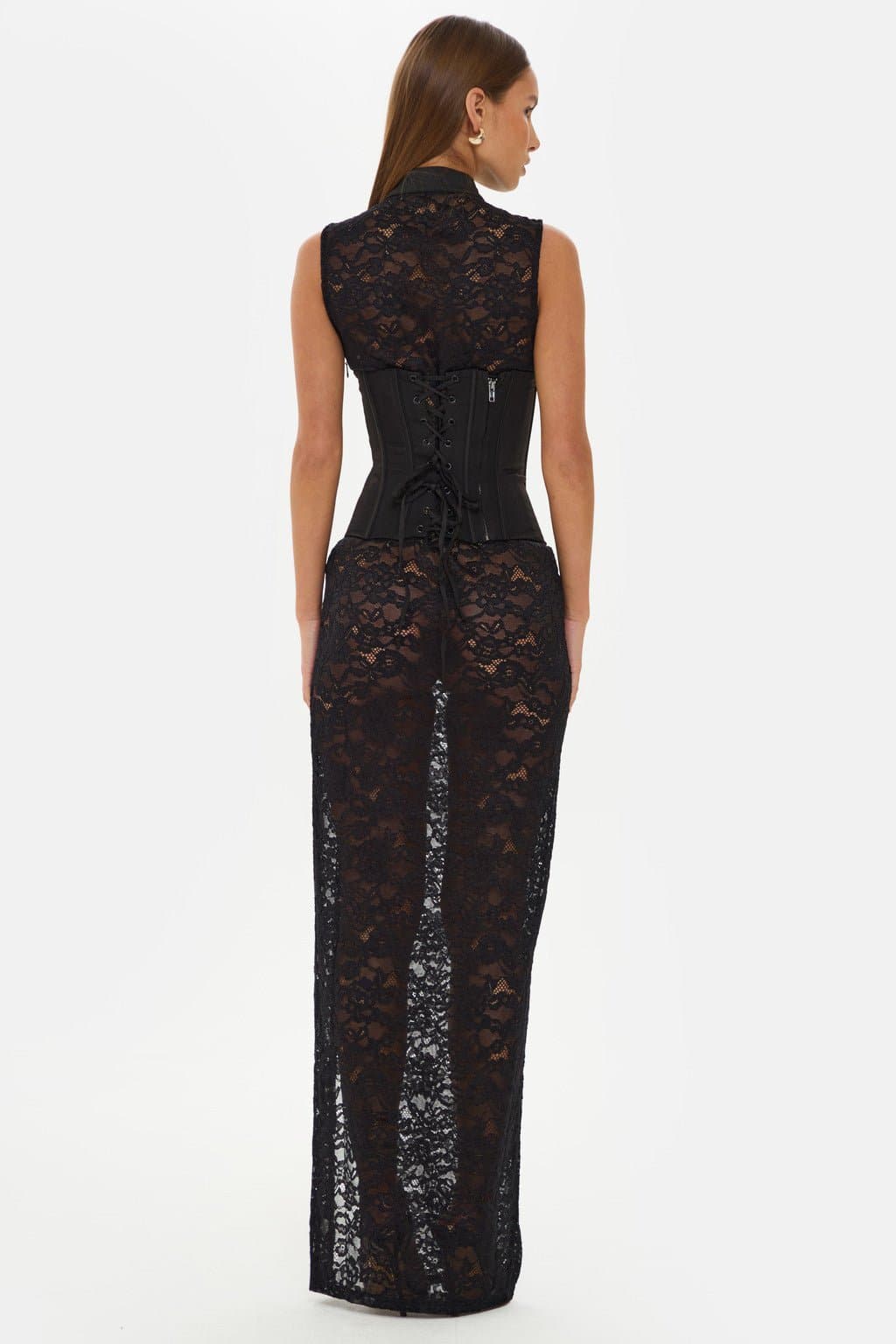 Sedona Sleeveless Lace Maxi Dress High Neck Keyhole Corset Boning High Split