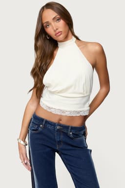 Sandra Lacey High Neck Halter Top with Lace Trim, Open Back, Nylon Spandex