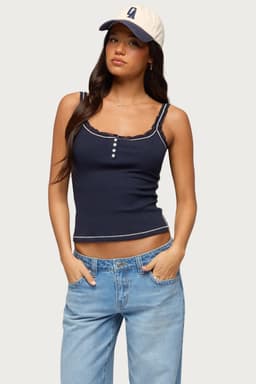 Contrast Stitched Lacey Henley Top - Cotton Rayon Spandex Tank