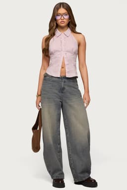 Side Belt Low Rise Barrel Jeans 100% Cotton Rigid Denim Women's Size S Inseam 29.9"