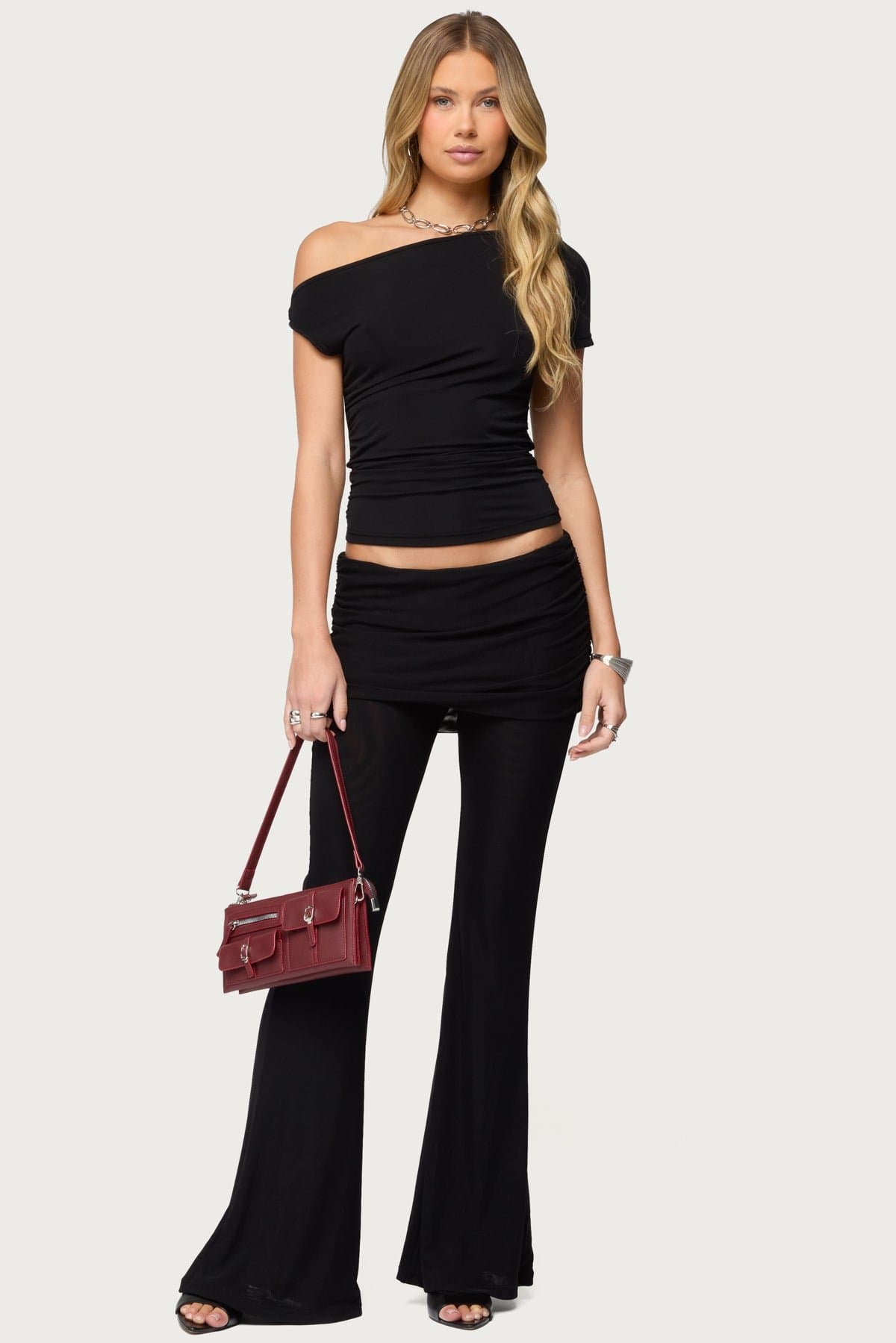 Halli Foldover Mini Skirt Pants Flared Ruched Mesh Nylon Spandex