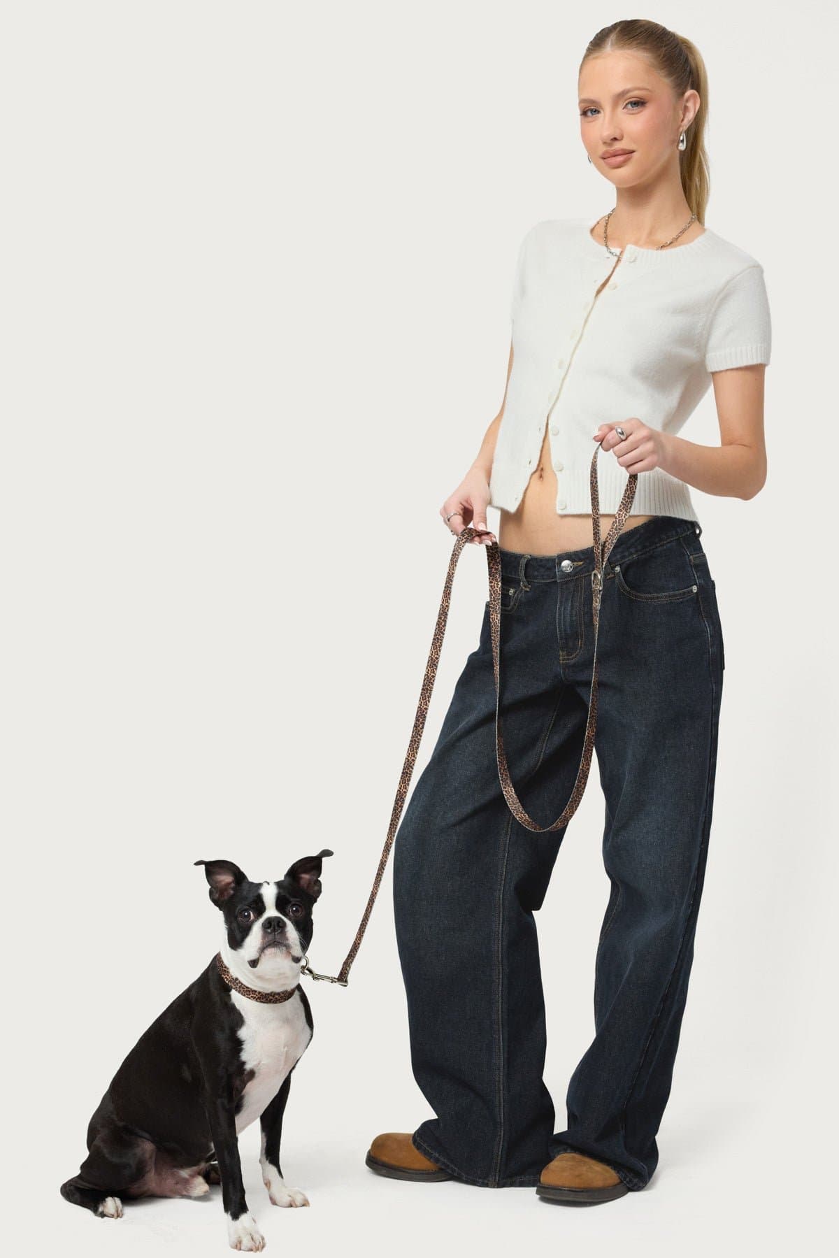 Leopard Print Pet Leash - Polyester 70.8" Length 0.8" Width Plastic Metal