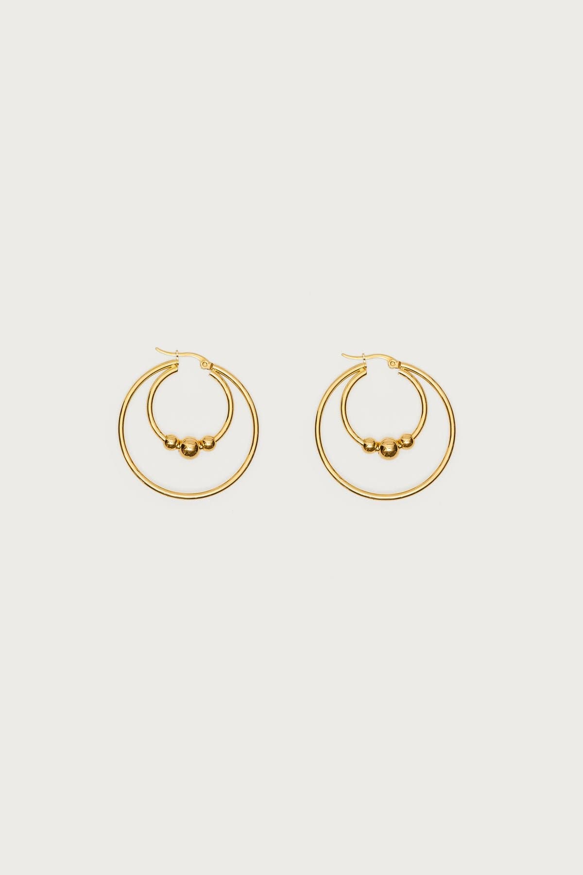 Double Hoop Earrings with Bead Detailing Gold Tone Metal 1.6 Inch Diameter