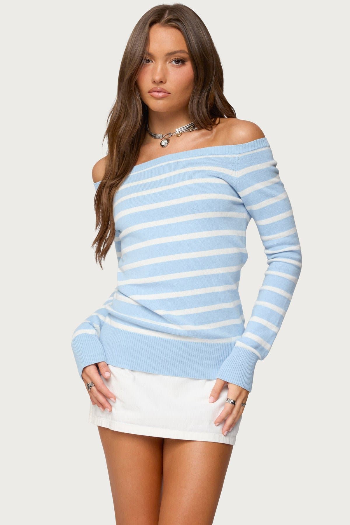 Lori Striped Off Shoulder Cotton Sweater - Ribbed Knit Pullover