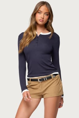 Contrast Layered Look Henley Top - Long Sleeve Rayon Spandex