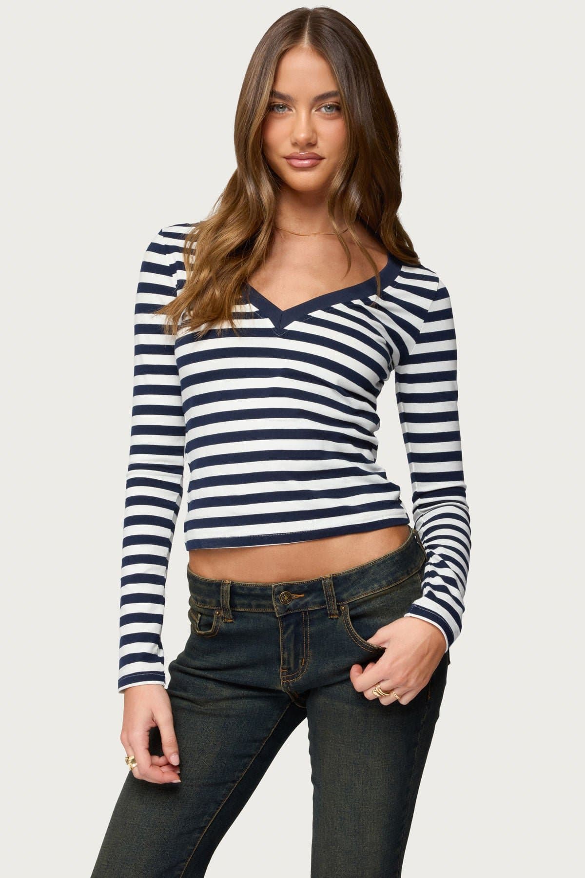 Solly Striped Long Sleeve V-Neck T-Shirt - Cotton Spandex Unisex