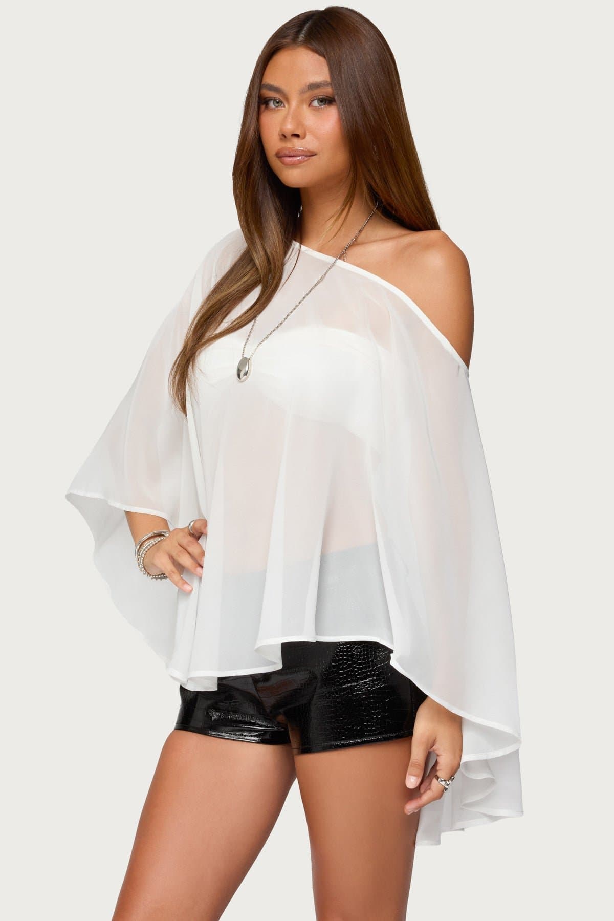 Sheer Chiffon Asymmetric Off-Shoulder Poncho