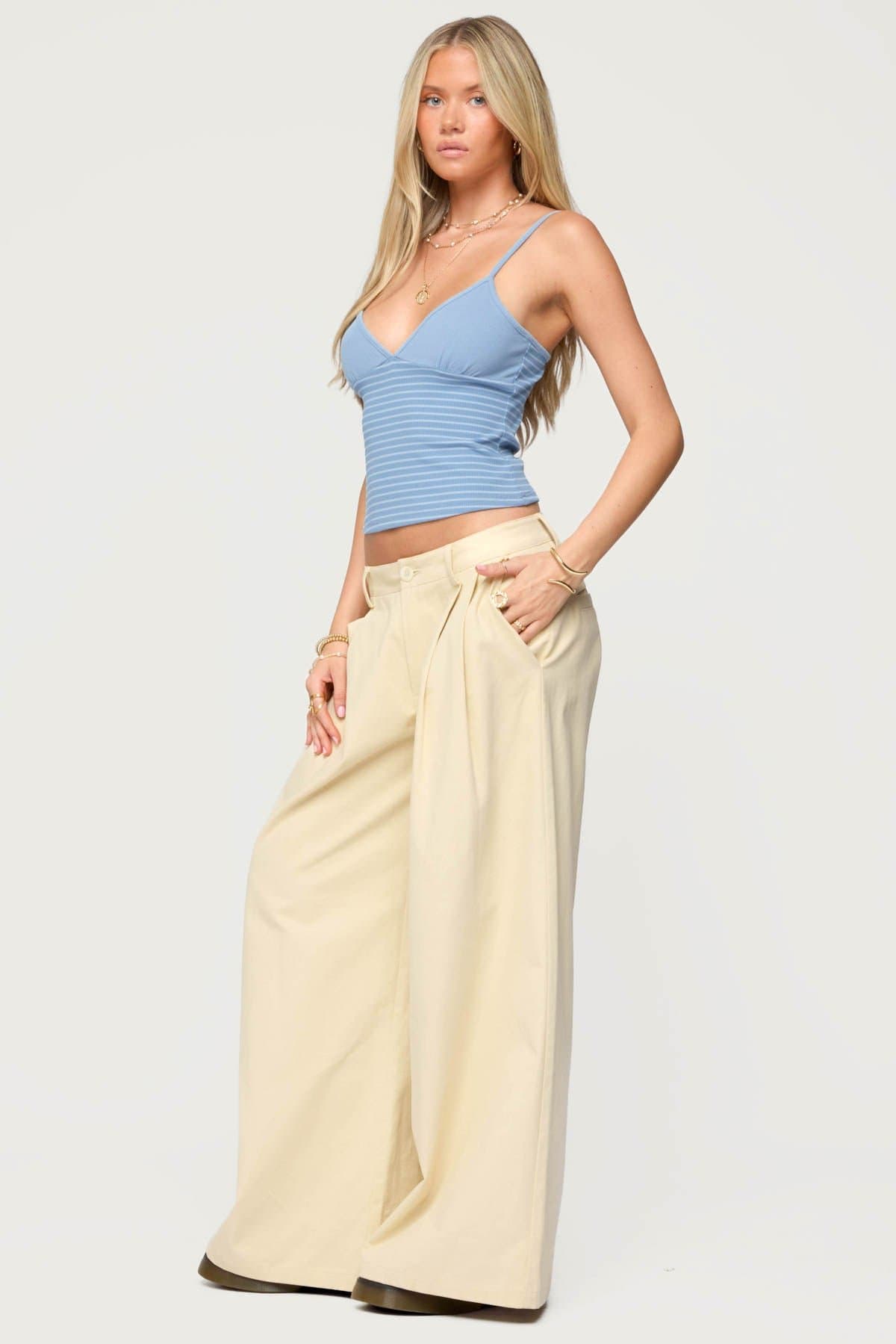 Hemsley Striped Ribbed Tank Top with Adjustable Straps V Neck Polyester Spandex