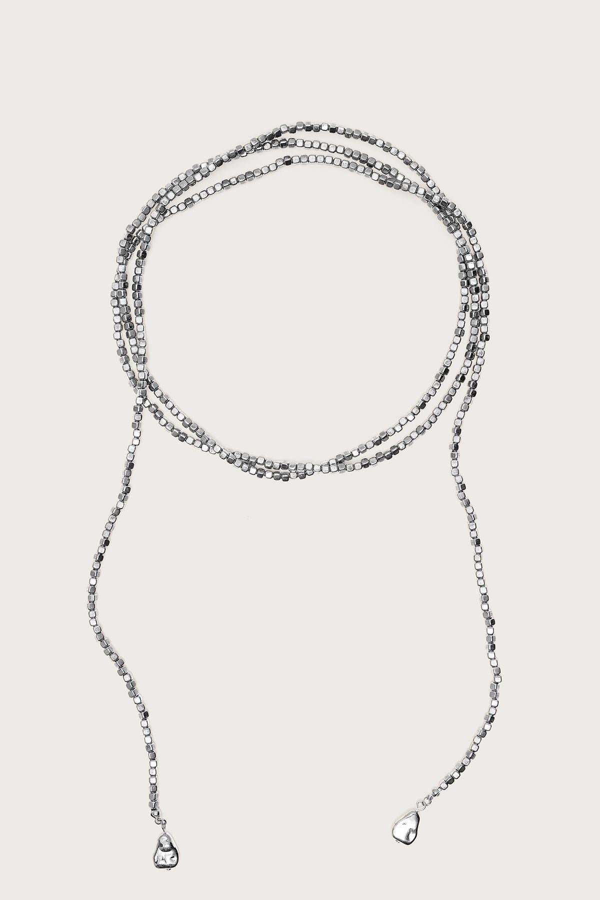 Wrap Around Beaded Necklace Silver Tone 61.4 Inch Length